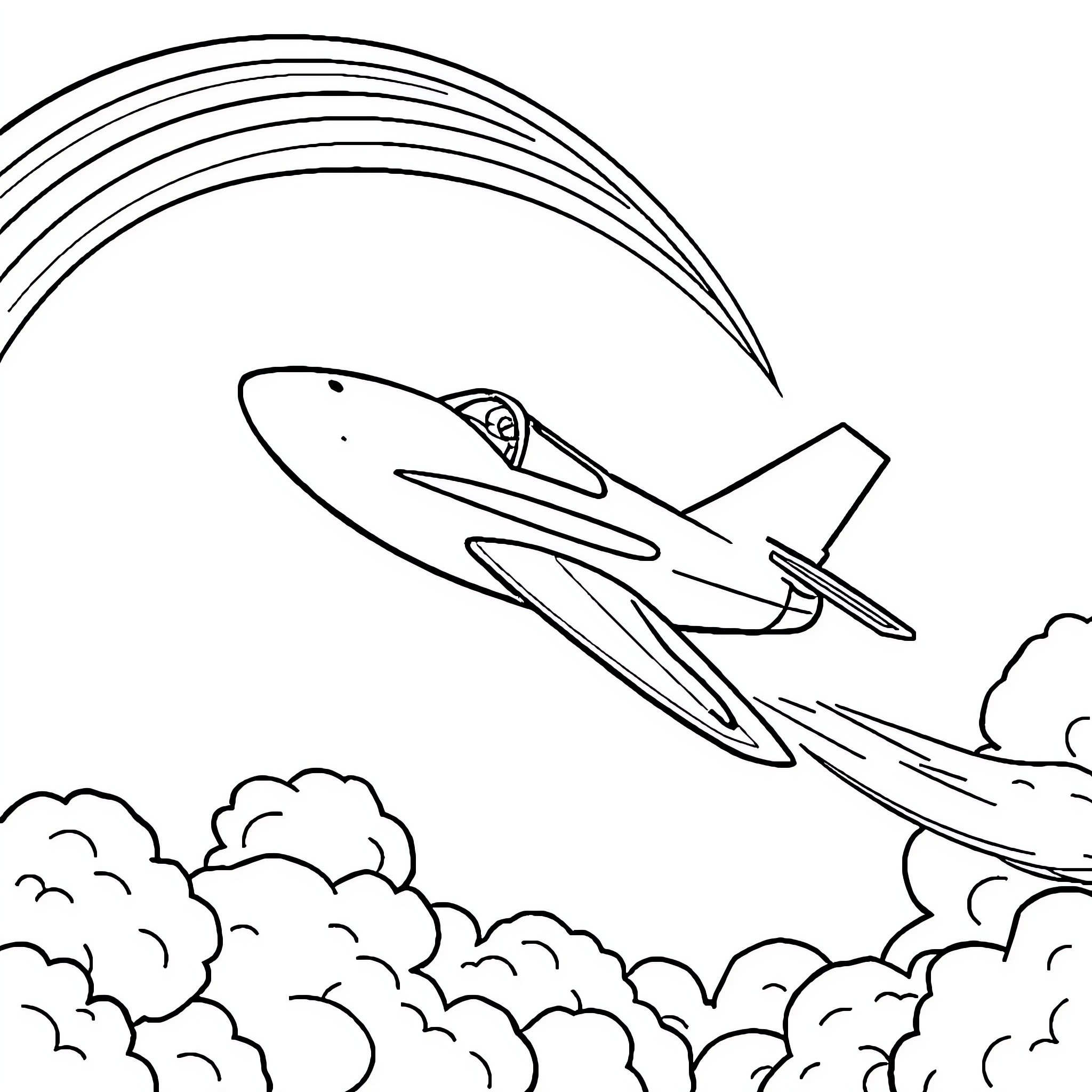 Jet Plane Soaring Through Cloudy Skies Coloring Page (free black-and-white line drawing printable PDF for all, from beginners to advanced learners, including children, teens, adults, and seniors)