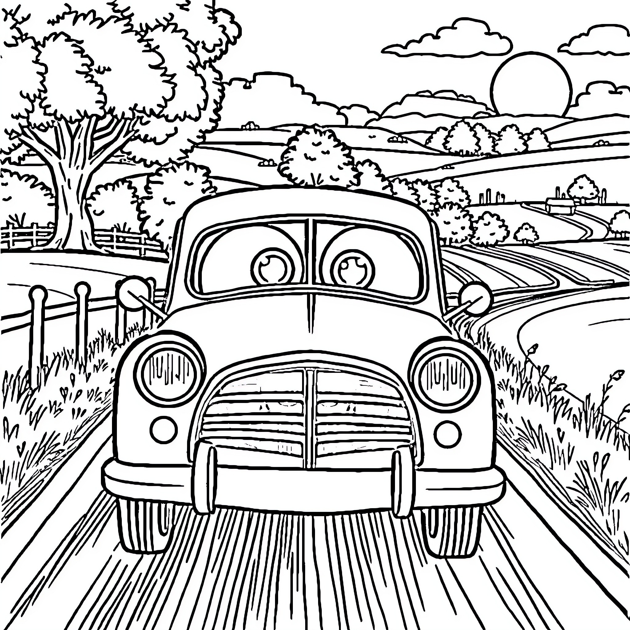 Car driving along the countryside road Coloring Page (free black-and-white line drawing printable PDF for all, from beginners to advanced learners, including children, teens, adults, and seniors)