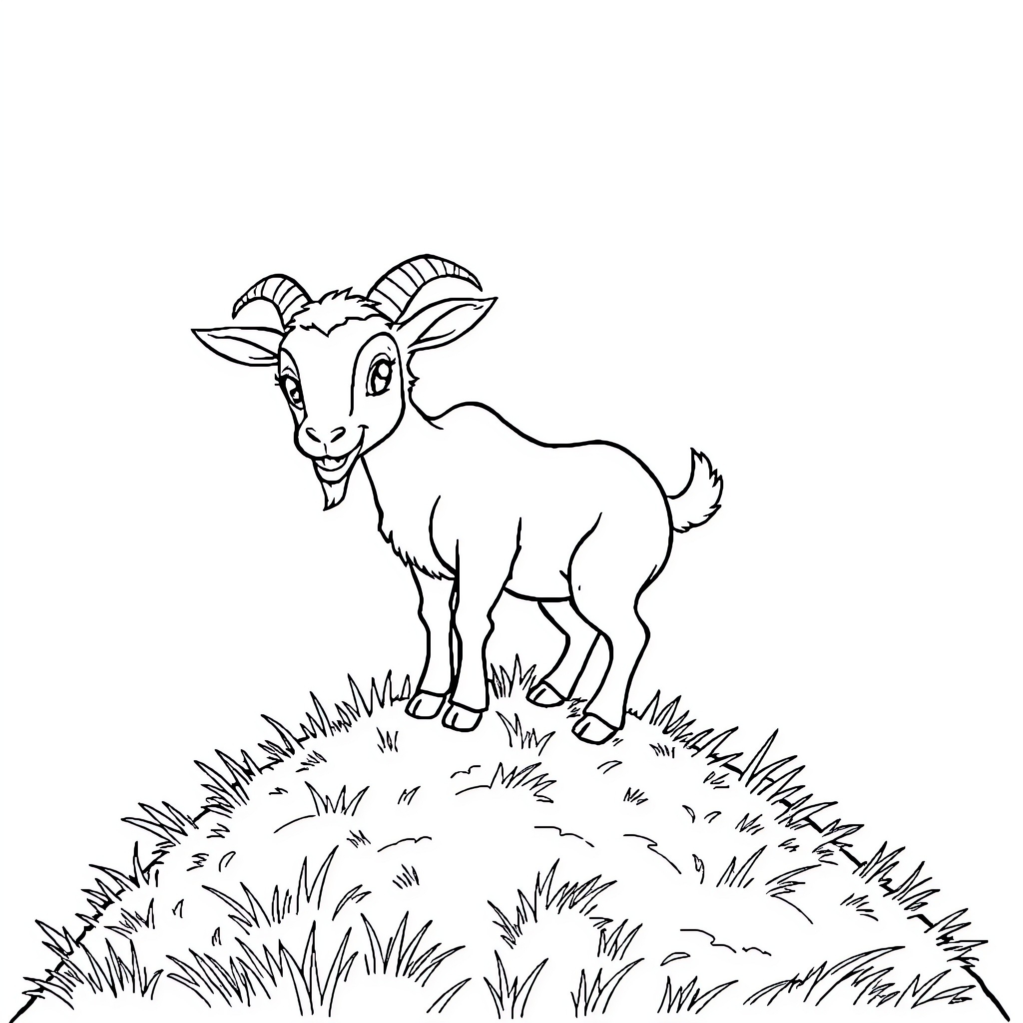 Goat standing proudly in a grassy field Coloring Page (free black-and-white line drawing printable PDF for all, from beginners to advanced learners, including children, teens, adults, and seniors)