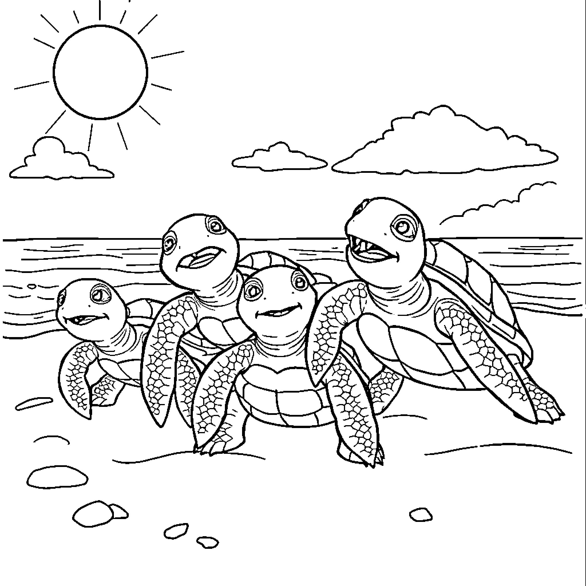 Turtle family enjoying a sunny day at the beach Coloring Page (free black-and-white line drawing printable PDF for all, from beginners to advanced learners, including children, teens, adults, and seniors)