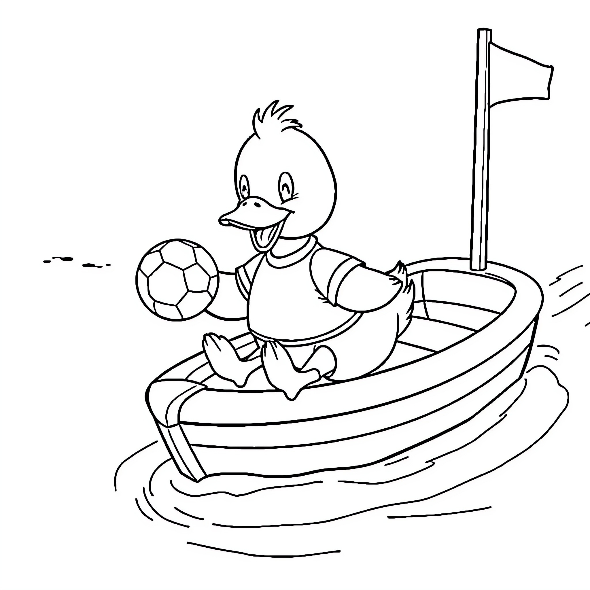Duck playing with a soccer ball in a boat Coloring Page (free black-and-white line drawing printable PDF for all, from beginners to advanced learners, including children, teens, adults, and seniors)
