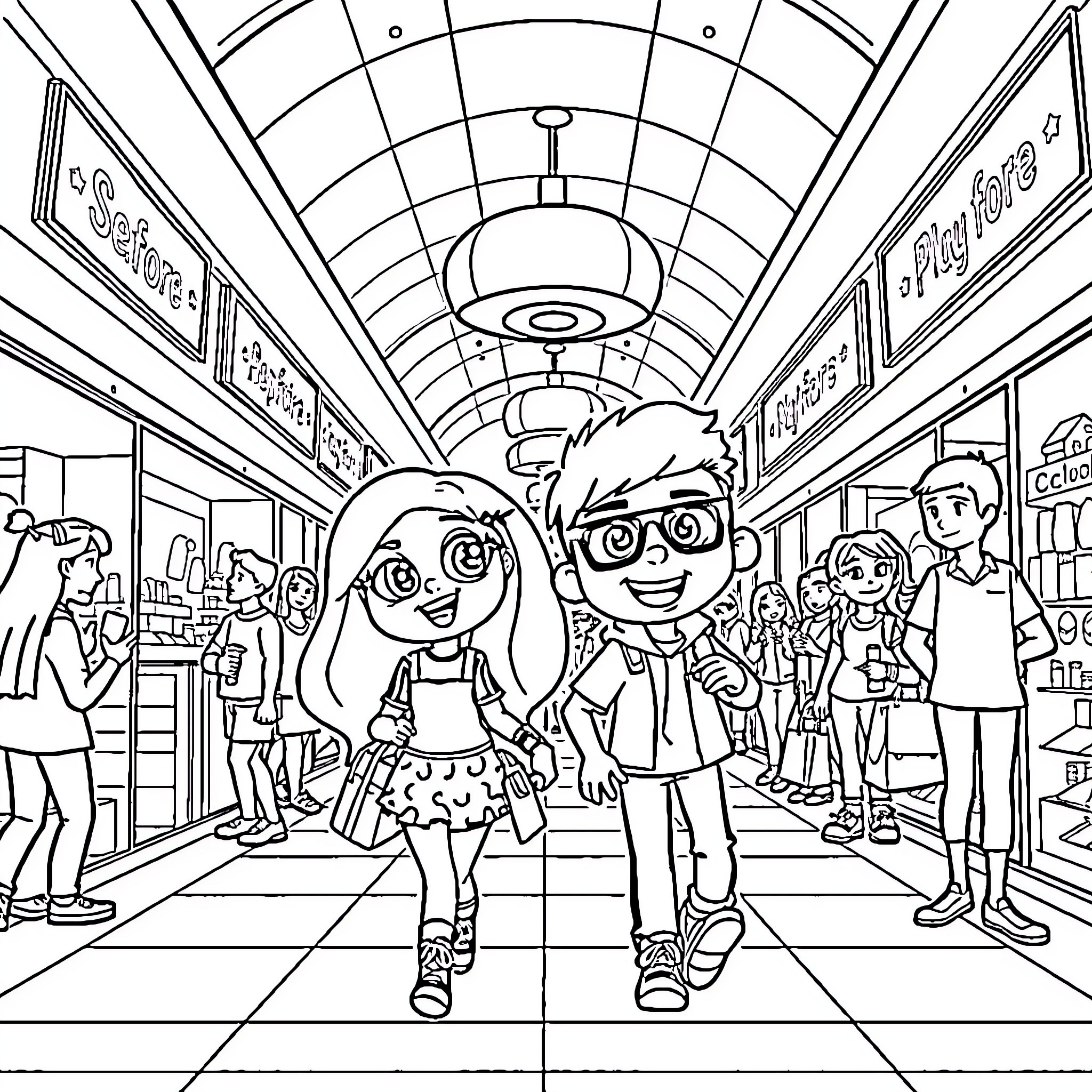 Kim Possible and Ron Stoppable explore the city Coloring Page (free black-and-white line drawing printable PDF for all, from beginners to advanced learners, including children, teens, adults, and seniors)