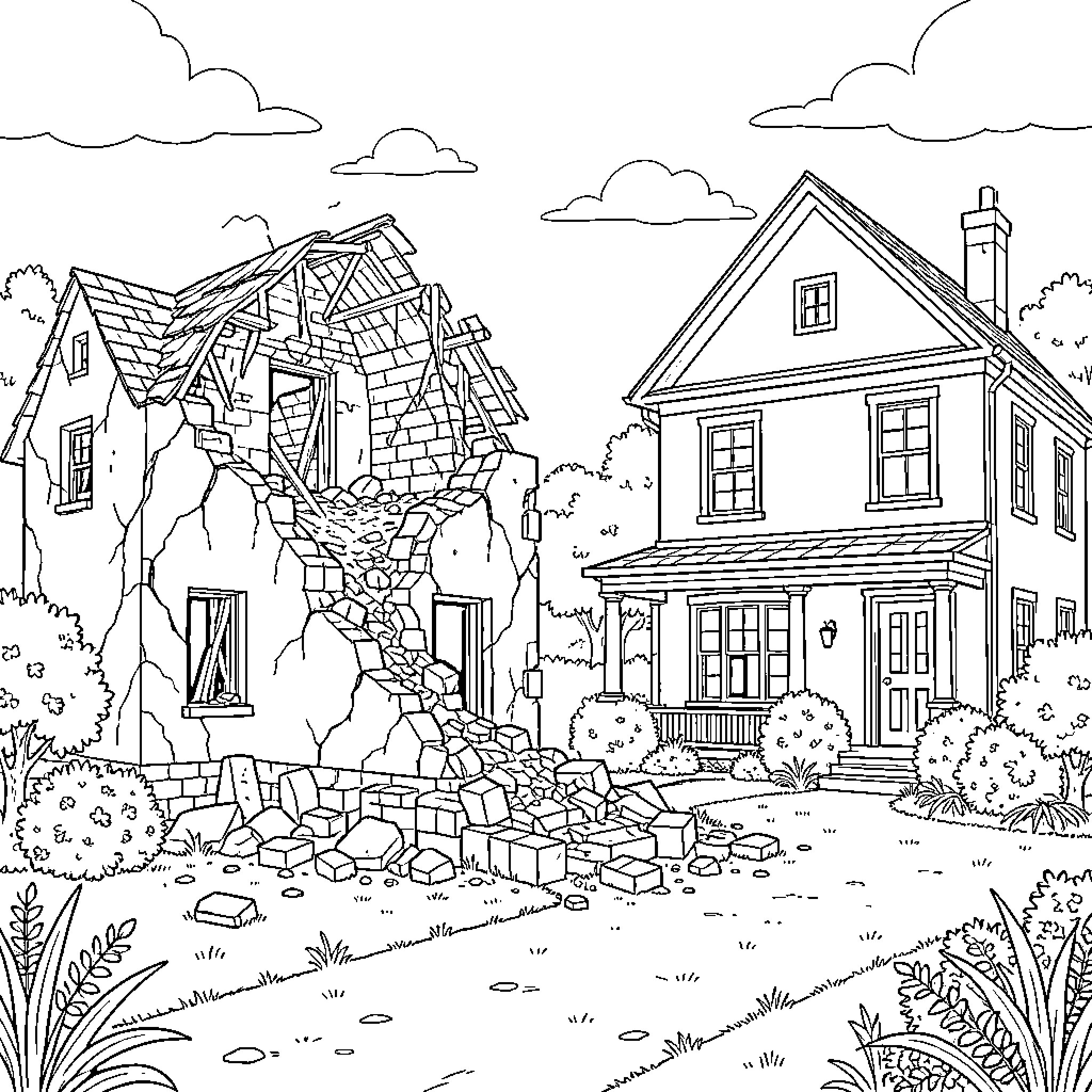 Casa showing a ruined building next to a house Coloring Page (free black-and-white line drawing printable PDF for all, from beginners to advanced learners, including children, teens, adults, and seniors)