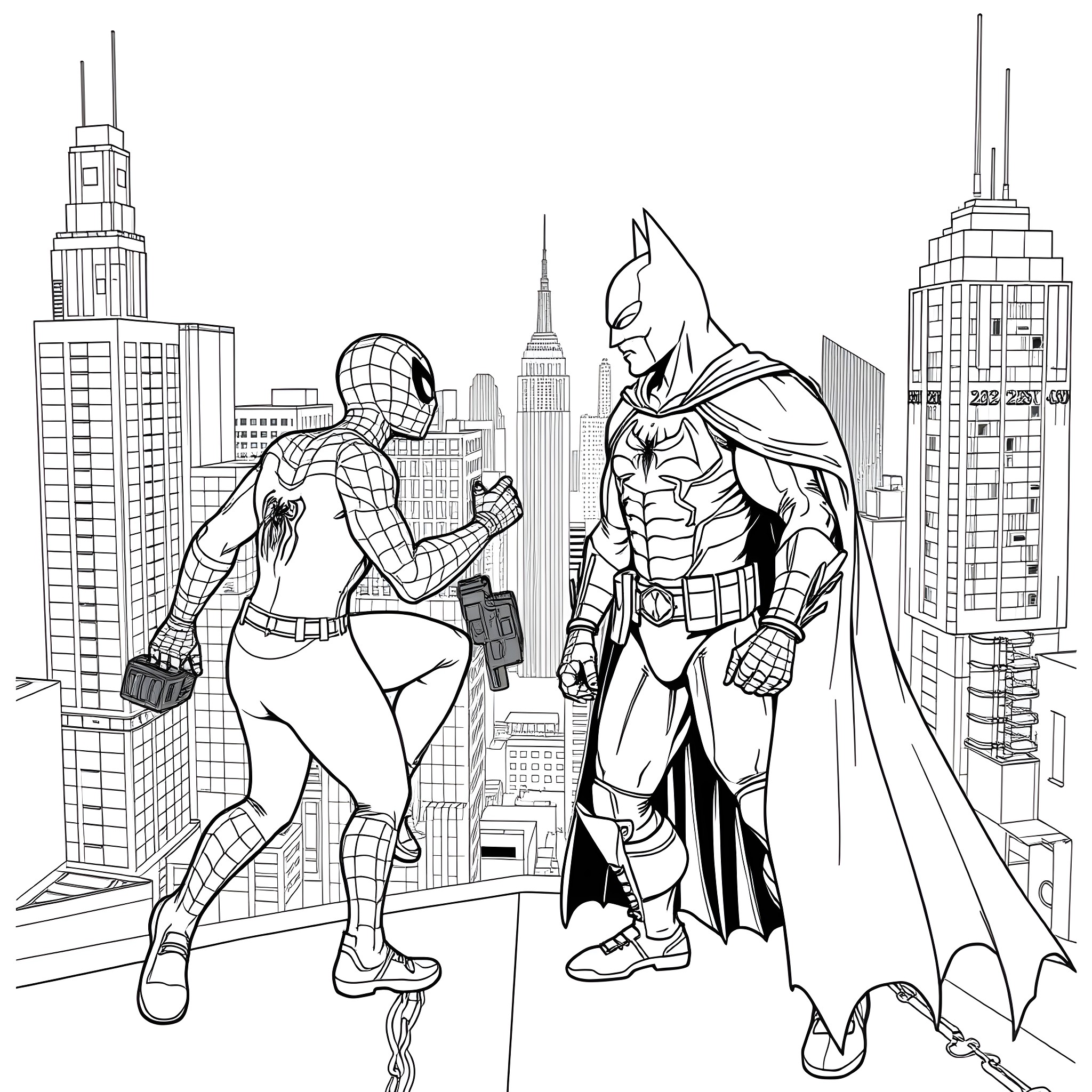 Spider-Man and Batman confront each other in the city Coloring Page (free black-and-white line drawing printable PDF for all, from beginners to advanced learners, including children, teens, adults, and seniors)