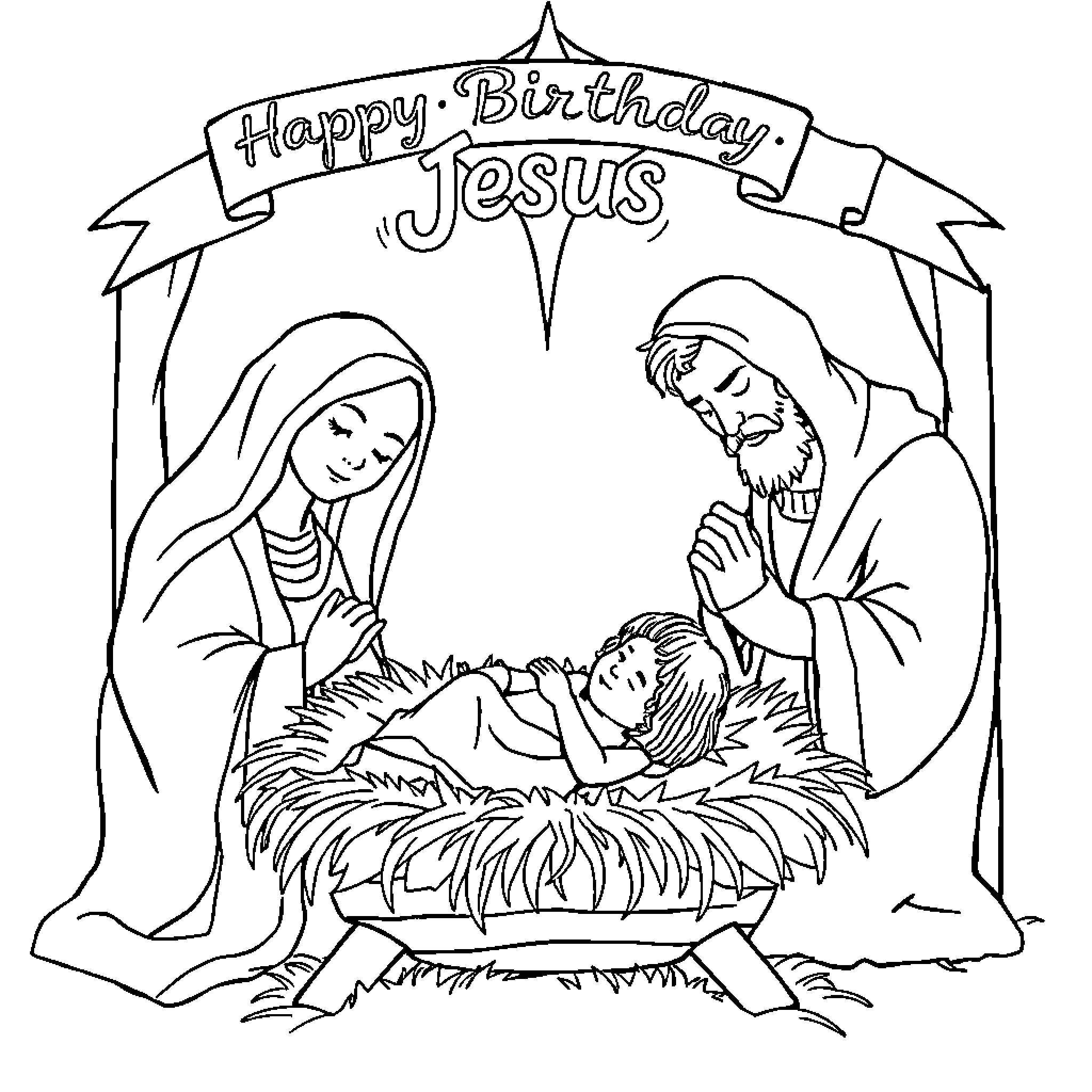 Jesus's Birthday Celebration with Holy Family Coloring Page (free black-and-white line drawing printable PDF for all, from beginners to advanced learners, including children, teens, adults, and seniors)