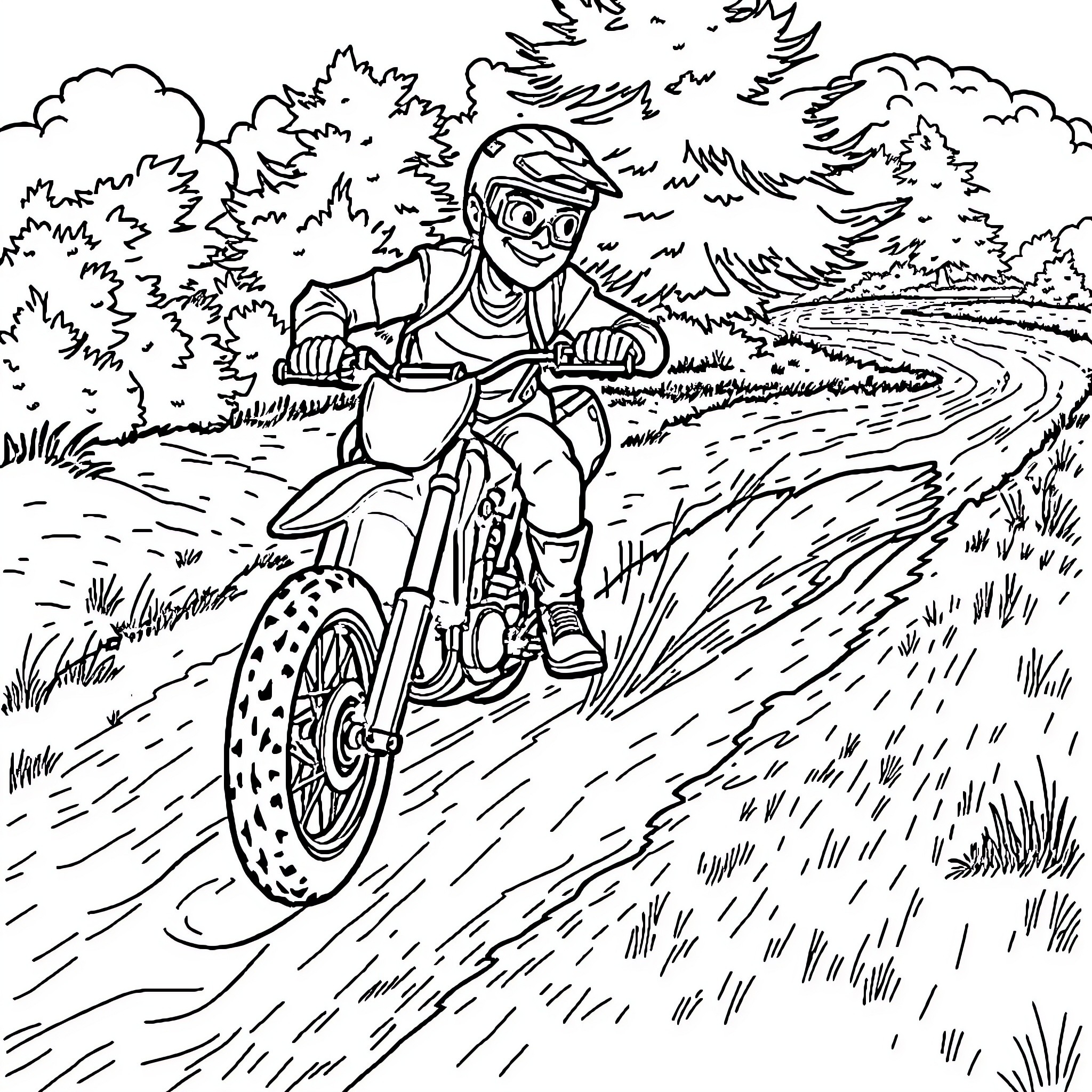 Dirt Bike Rider Navigating Rugged Trail Coloring Page (free black-and-white line drawing printable PDF for all, from beginners to advanced learners, including children, teens, adults, and seniors)