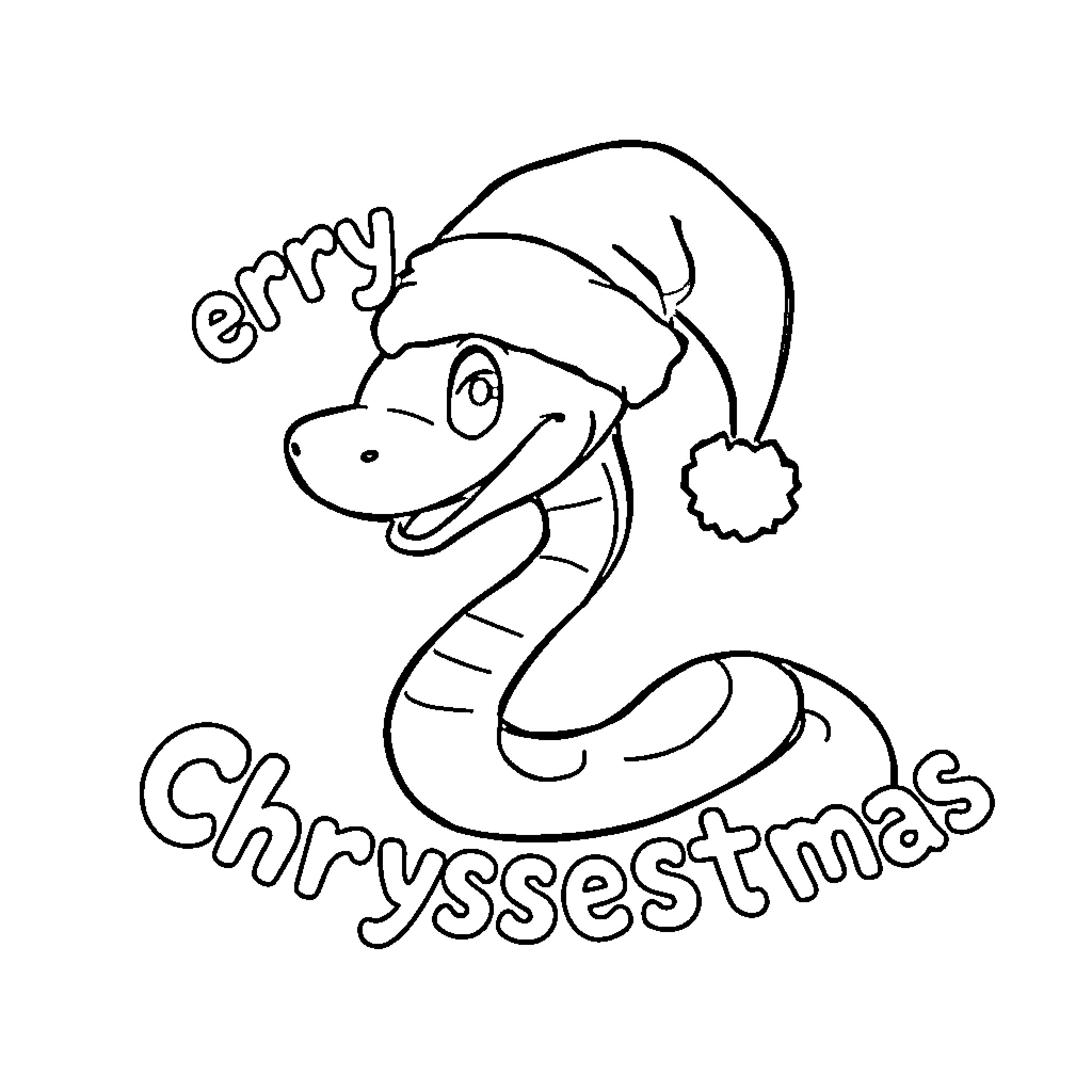 Snake celebrating Chrrystrmmas Coloring Page (free black-and-white line drawing printable PDF for all, from beginners to advanced learners, including children, teens, adults, and seniors)