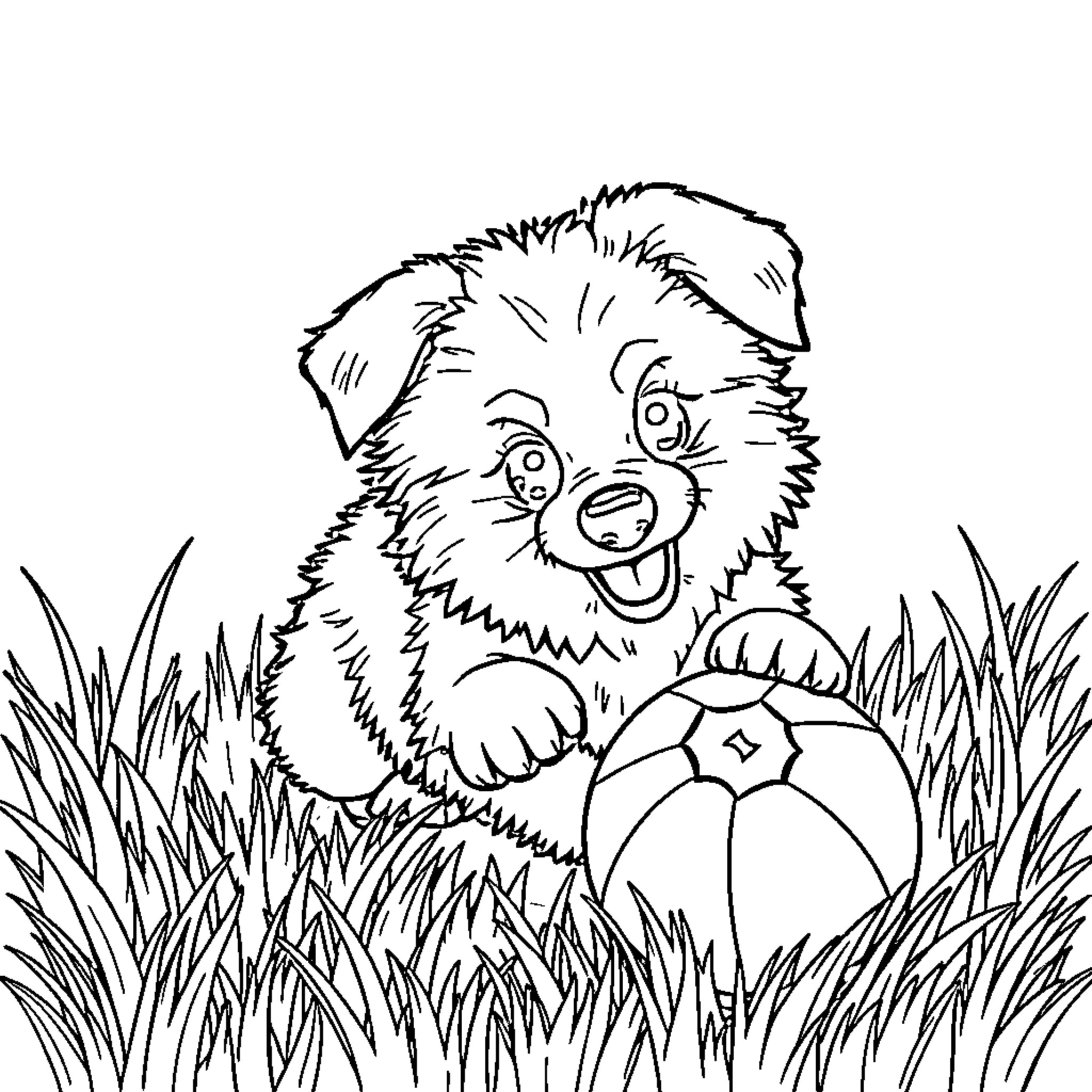 Dog playing with soccer ball in the grass Coloring Page (free black-and-white line drawing printable PDF for all, from beginners to advanced learners, including children, teens, adults, and seniors)