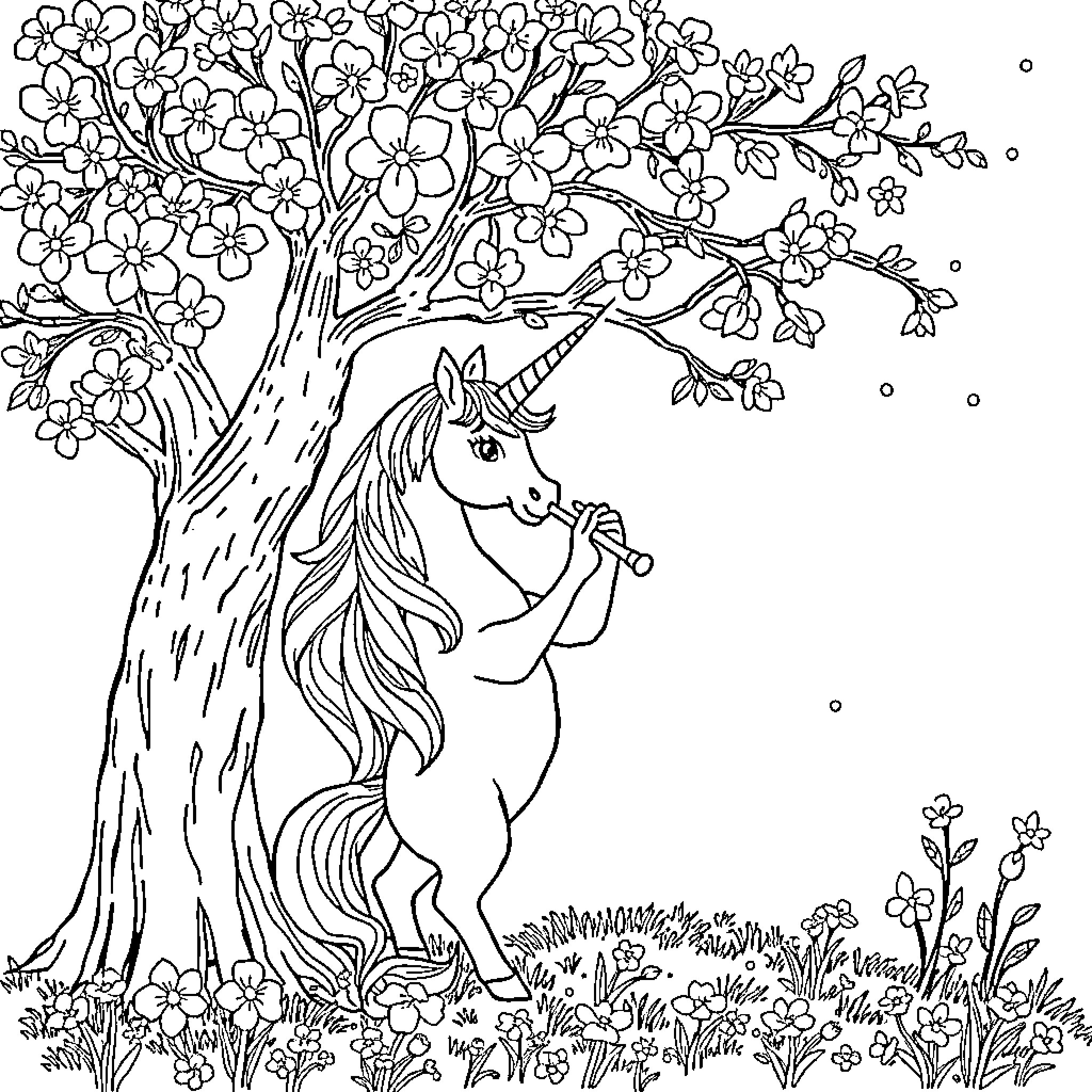 Unicorn playing in a floral garden Coloring Page (free black-and-white line drawing printable PDF for all, from beginners to advanced learners, including children, teens, adults, and seniors)