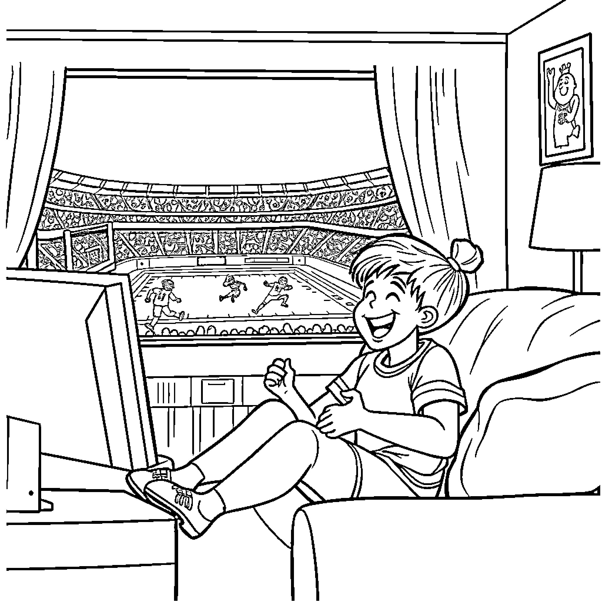 Mom watching sports game on TV happily Coloring Page (free black-and-white line drawing printable PDF for all, from beginners to advanced learners, including children, teens, adults, and seniors)