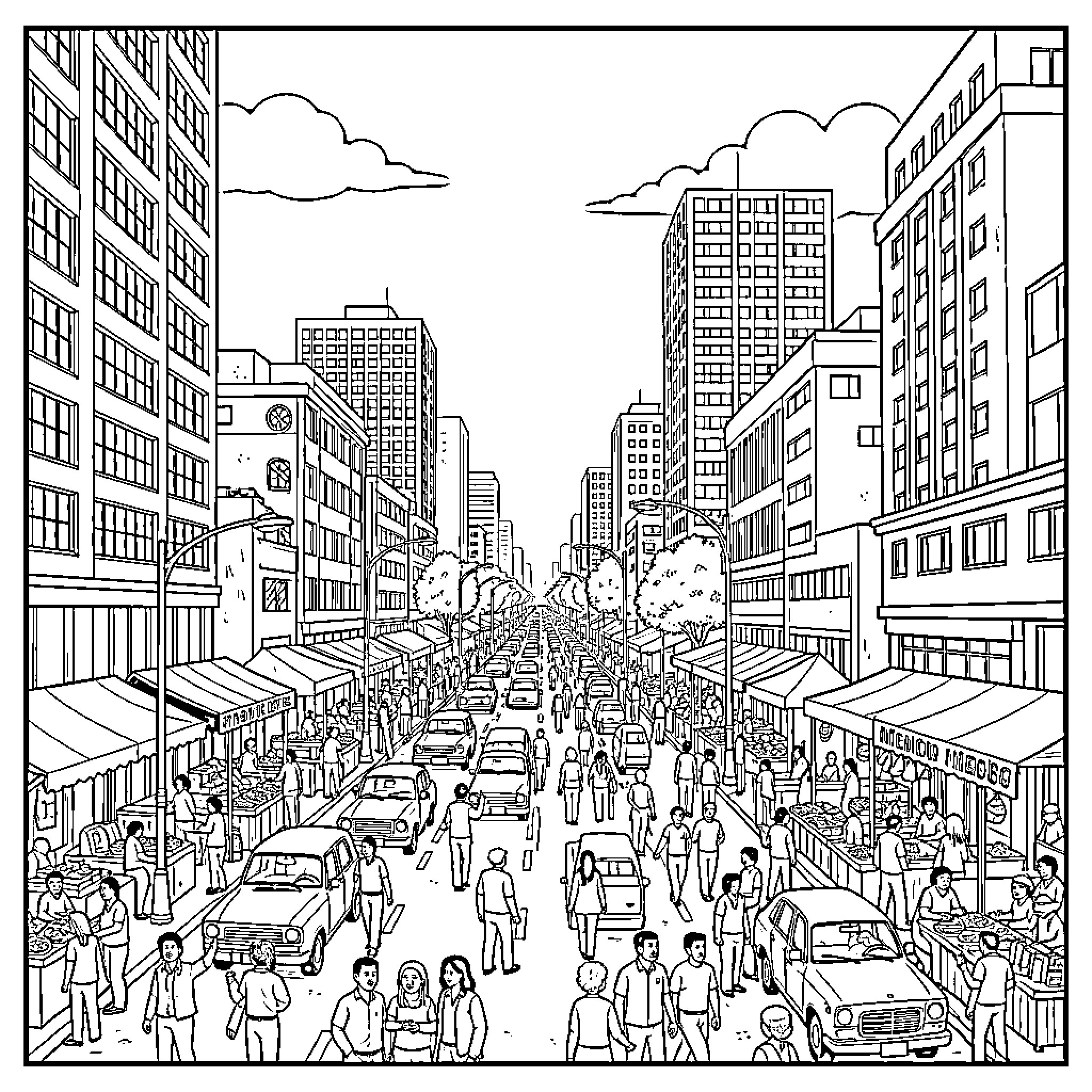 Mexico City bustling with people, vehicles, and tall buildings Coloring Page (free black-and-white line drawing printable PDF for all, from beginners to advanced learners, including children, teens, adults, and seniors)