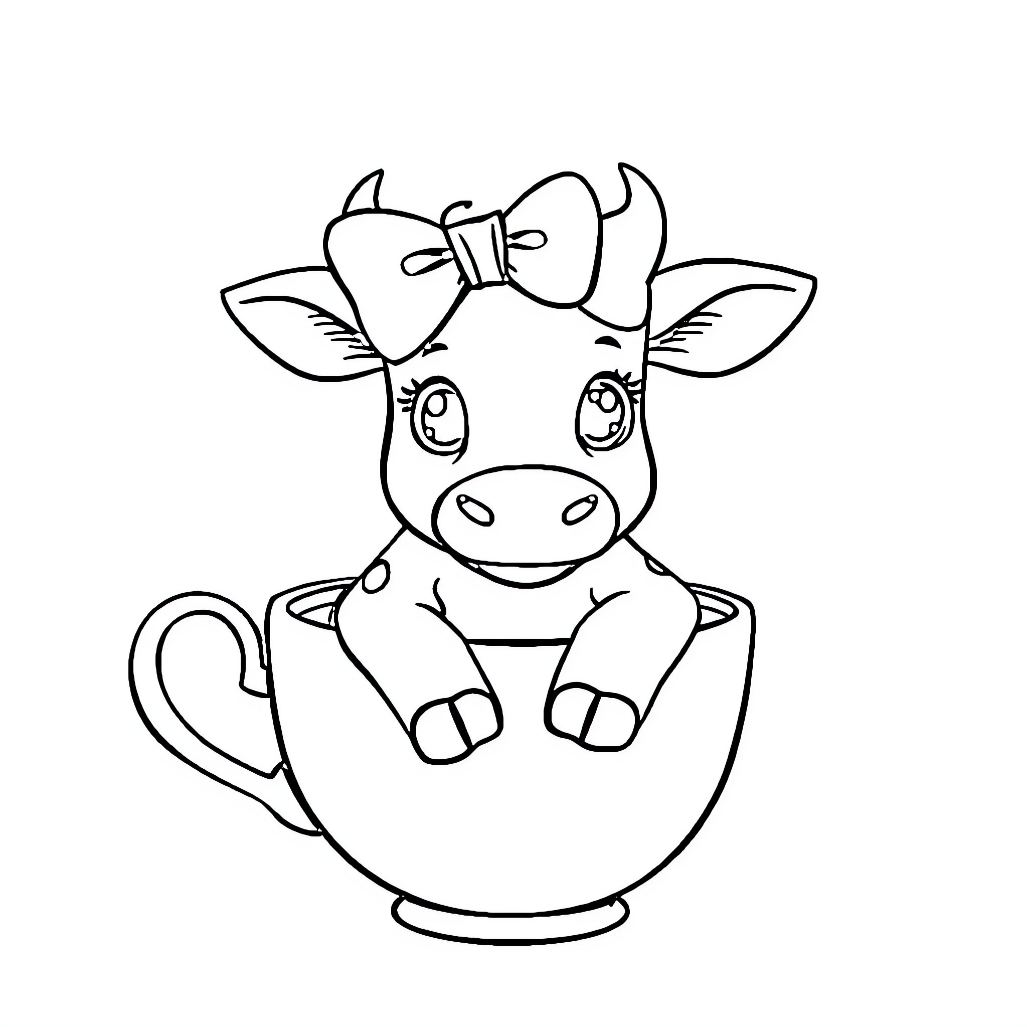 Cow sitting in a teacup Coloring Page (free black-and-white line drawing printable PDF for all, from beginners to advanced learners, including children, teens, adults, and seniors)