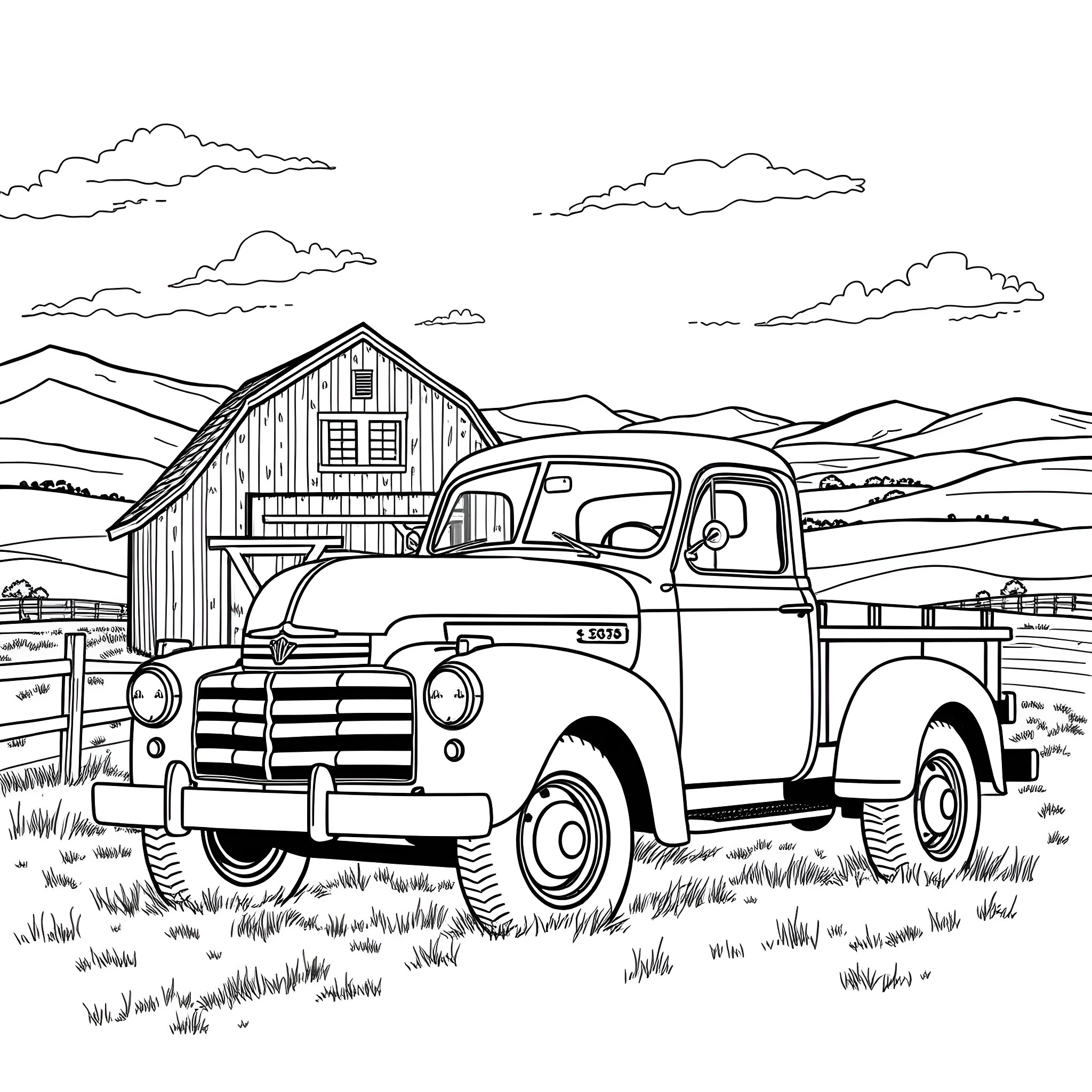Truck hauling supplies in the countryside Coloring Page (free black-and-white line drawing printable PDF for all, from beginners to advanced learners, including children, teens, adults, and seniors)