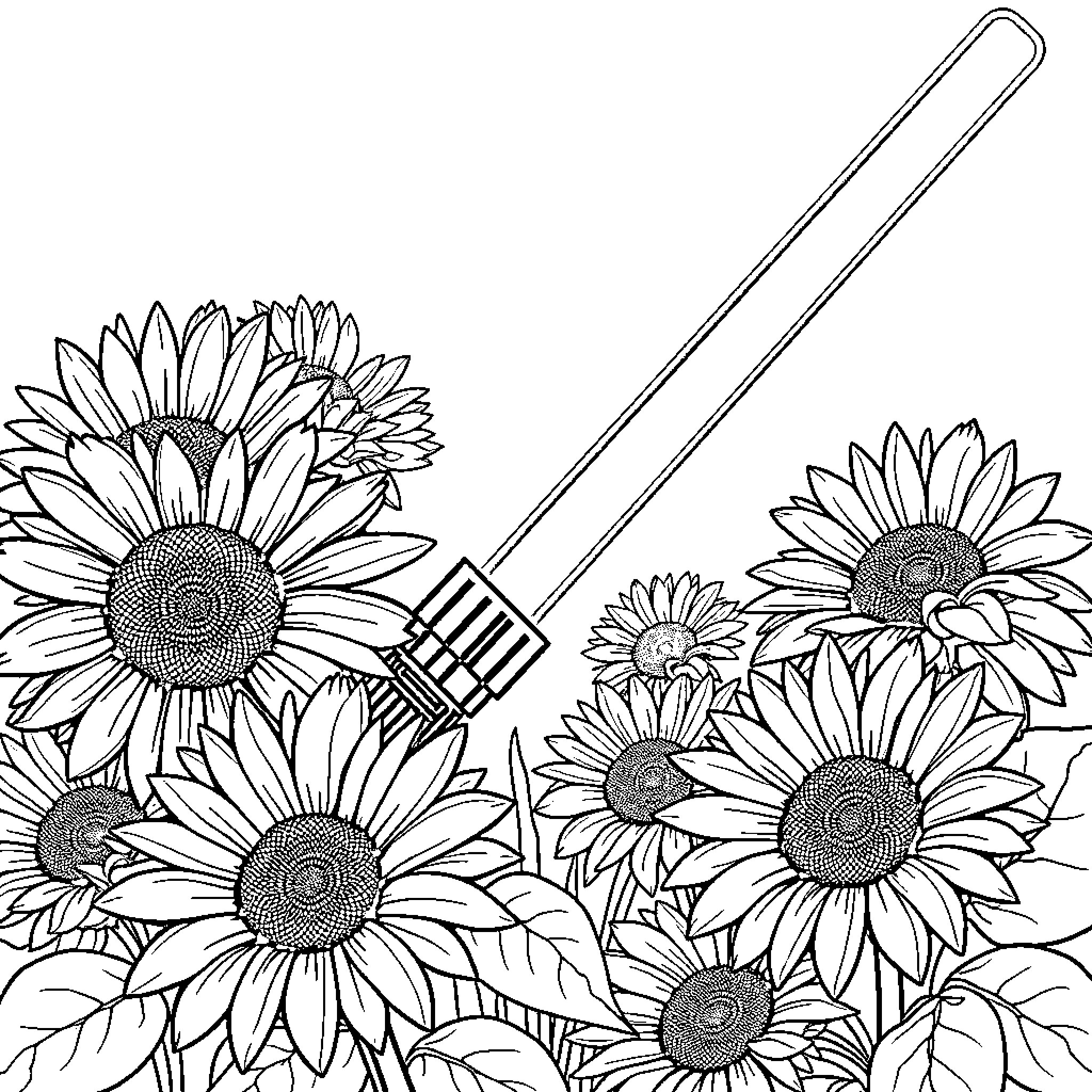 Light Saber Sunflowers Dancing with Gardening Tool Coloring Page (free black-and-white line drawing printable PDF for all, from beginners to advanced learners, including children, teens, adults, and seniors)