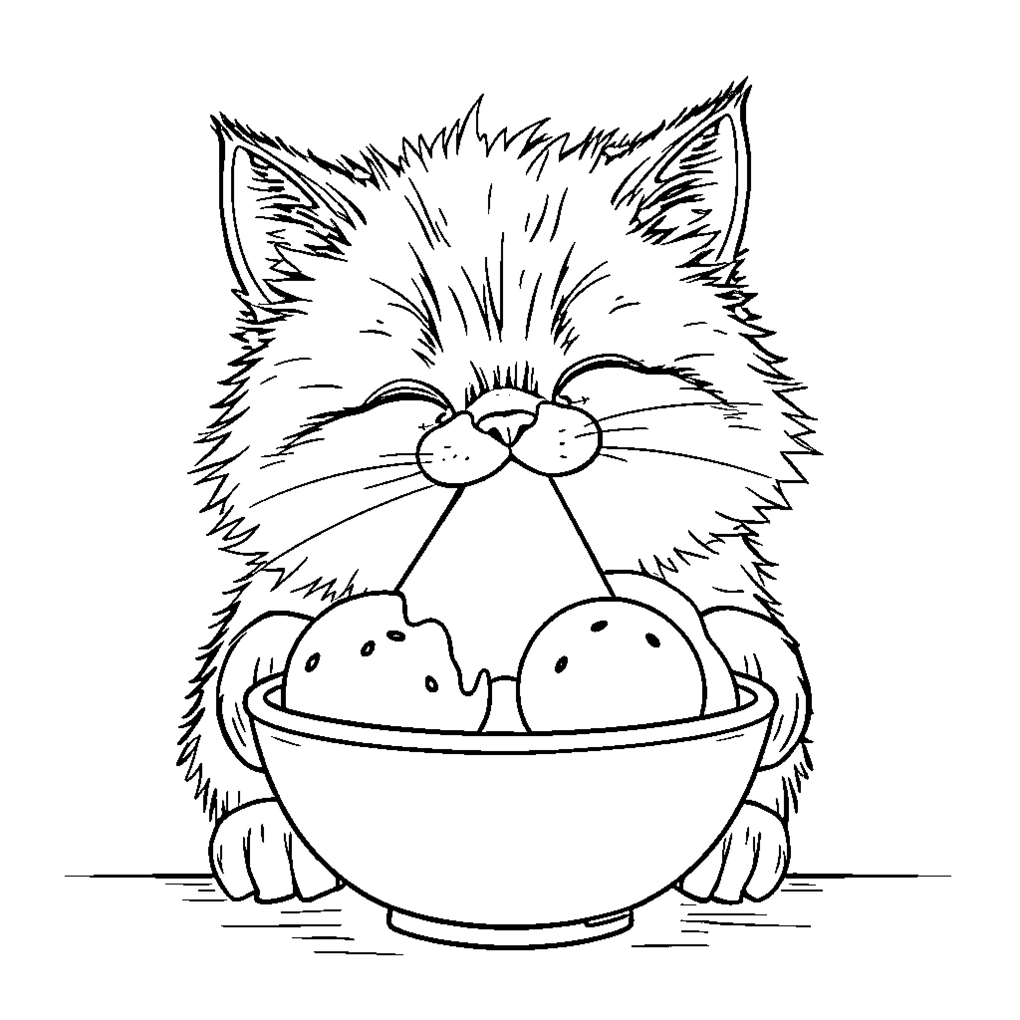Cat with Fuzzy Kittens in Bowl Coloring Page (free black-and-white line drawing printable PDF for all, from beginners to advanced learners, including children, teens, adults, and seniors)