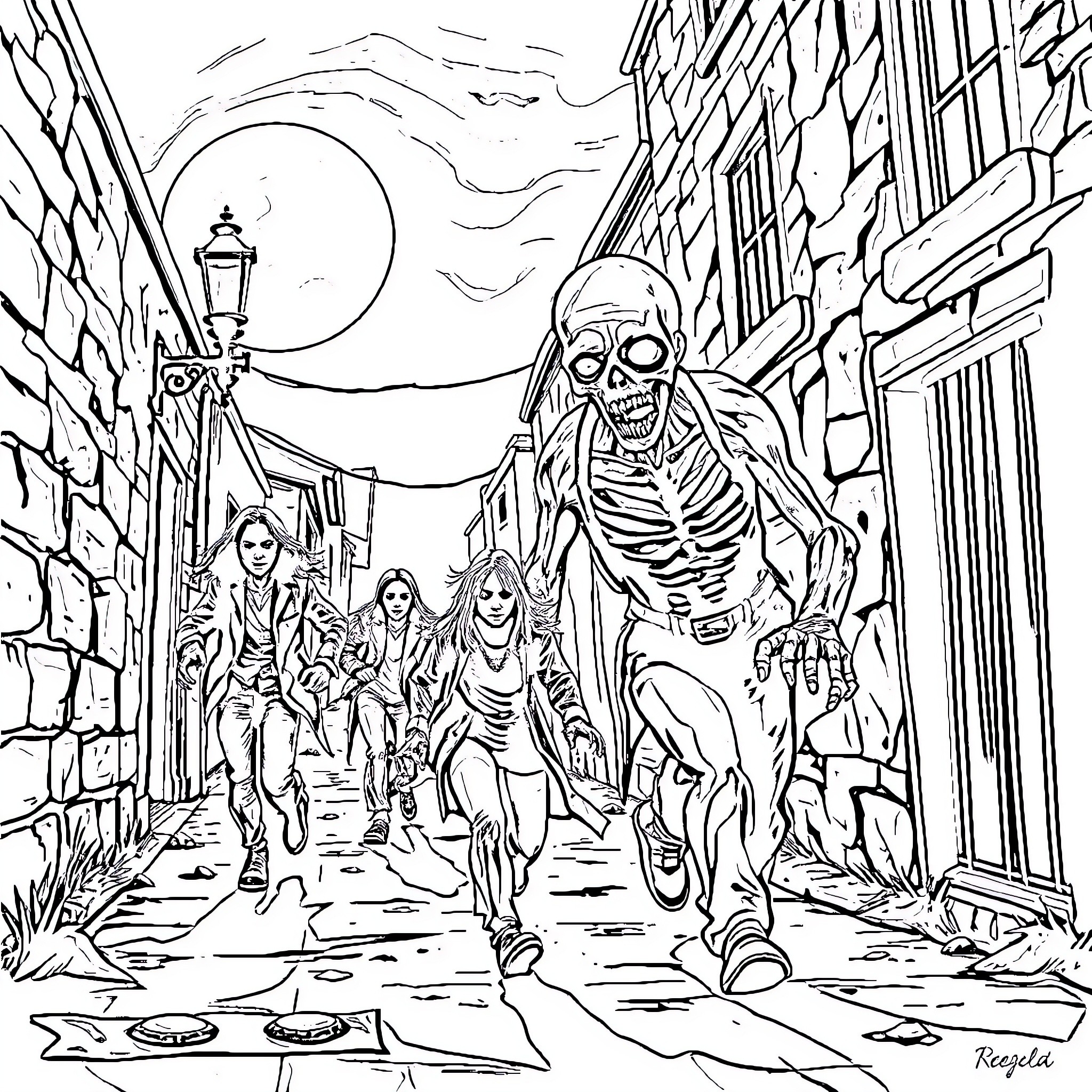 Zombie Horde Invades Eerie City Streets Coloring Page (free black-and-white line drawing printable PDF for all, from beginners to advanced learners, including children, teens, adults, and seniors)