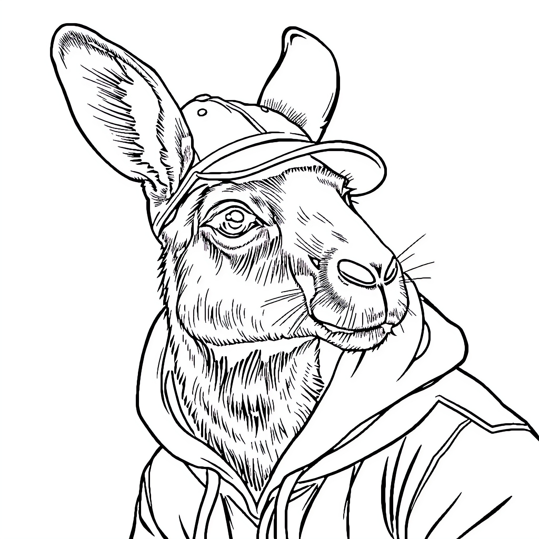 Kangaroo wearing a cowboy hat and looking curious Coloring Page (free black-and-white line drawing printable PDF for all, from beginners to advanced learners, including children, teens, adults, and seniors)