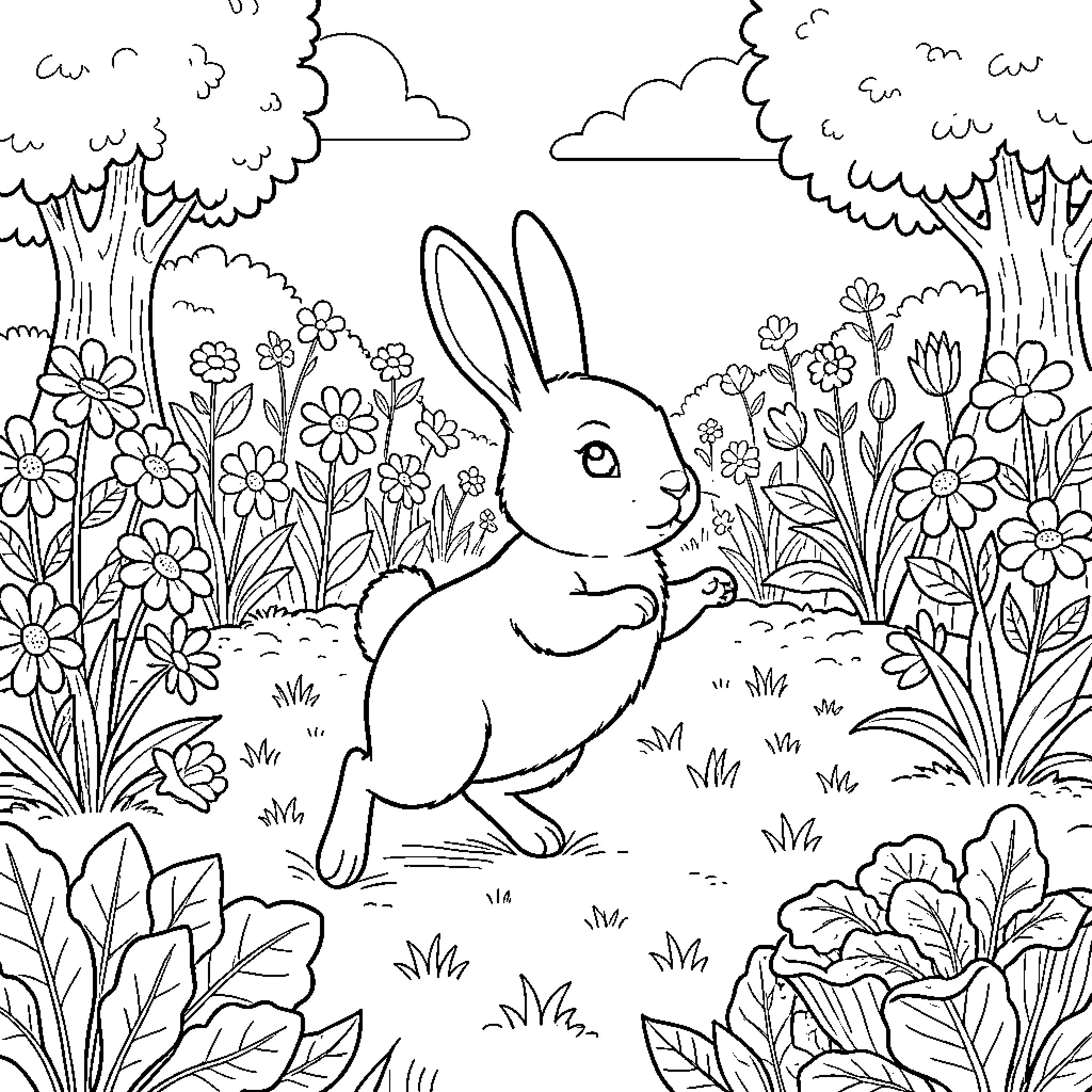 Peter Rabbit hopping through a garden of flowers Coloring Page (free black-and-white line drawing printable PDF for all, from beginners to advanced learners, including children, teens, adults, and seniors)