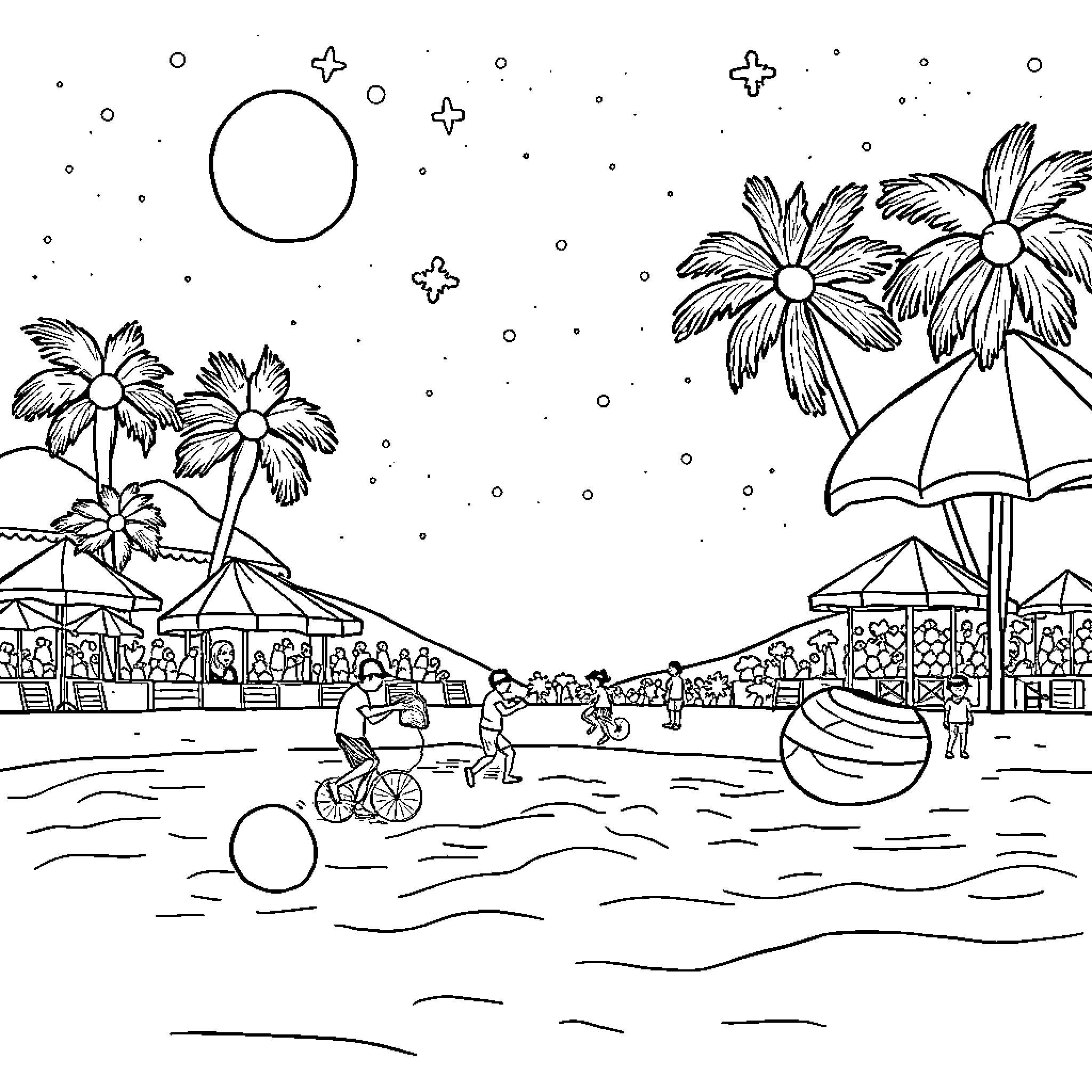 Chicletera of the Beach Resort Scene Coloring Page (free black-and-white line drawing printable PDF for all, from beginners to advanced learners, including children, teens, adults, and seniors)