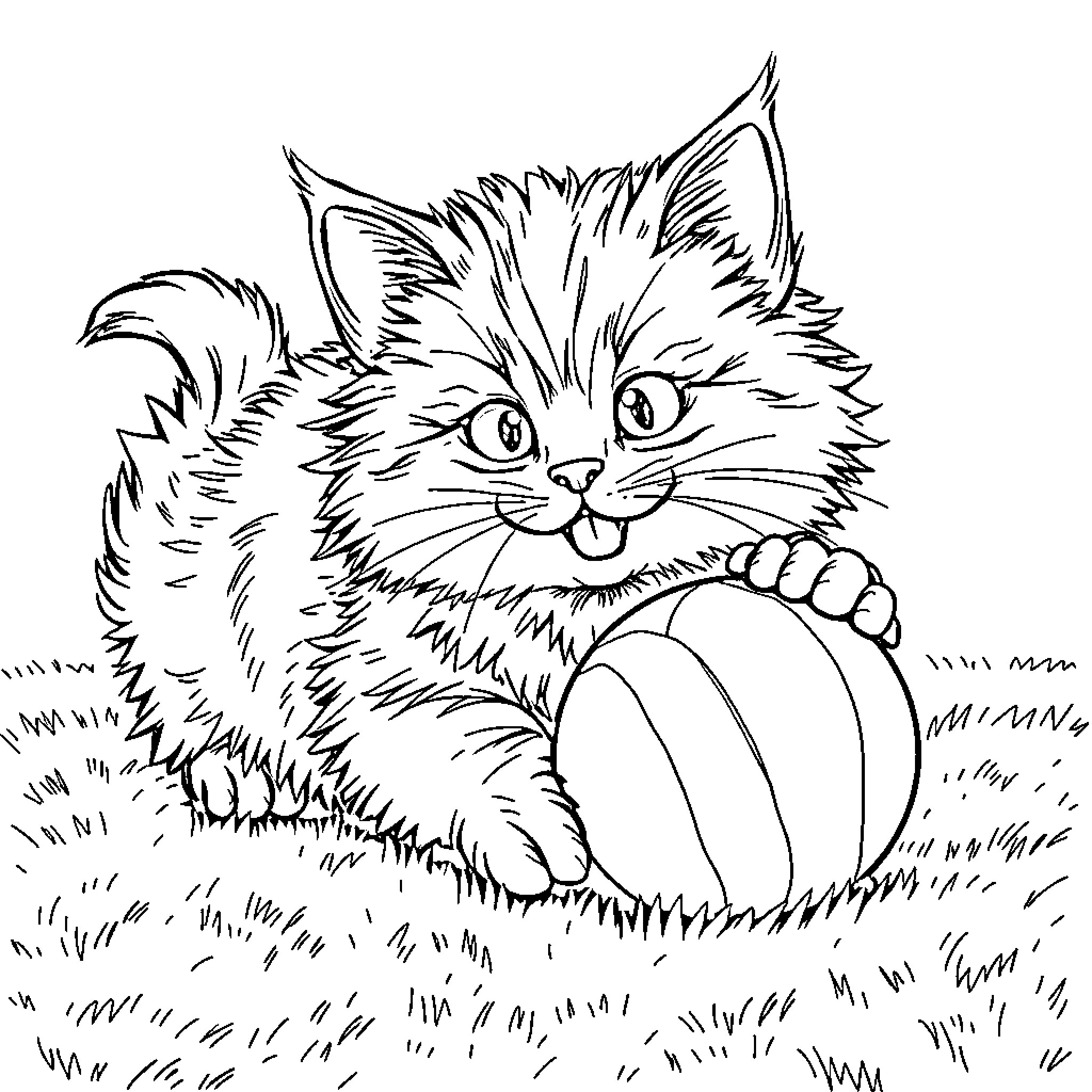 Cat playing with a ball in the grass Coloring Page (free black-and-white line drawing printable PDF for all, from beginners to advanced learners, including children, teens, adults, and seniors)