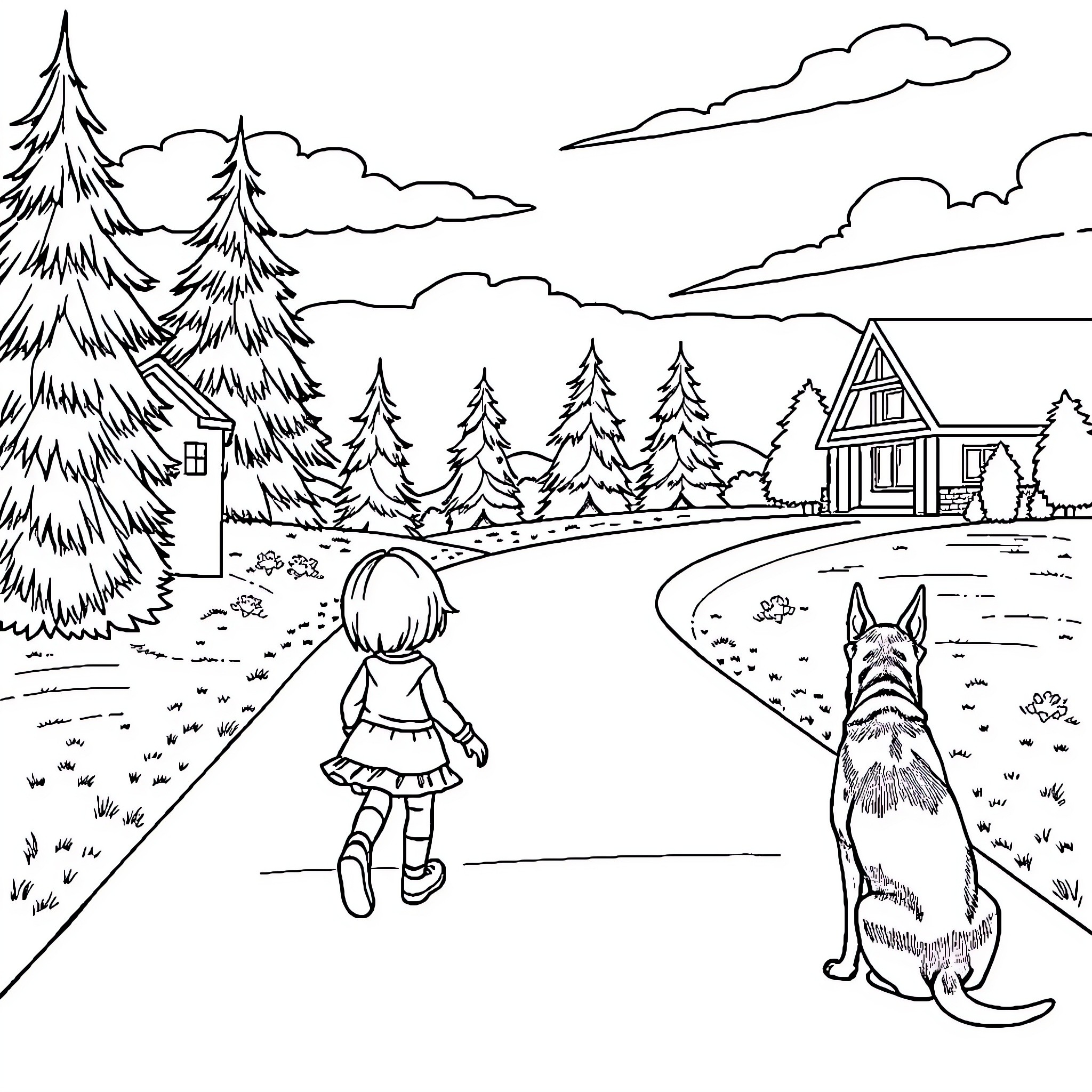Girl exploring the serene countryside with her dog Coloring Page (free black-and-white line drawing printable PDF for all, from beginners to advanced learners, including children, teens, adults, and seniors)