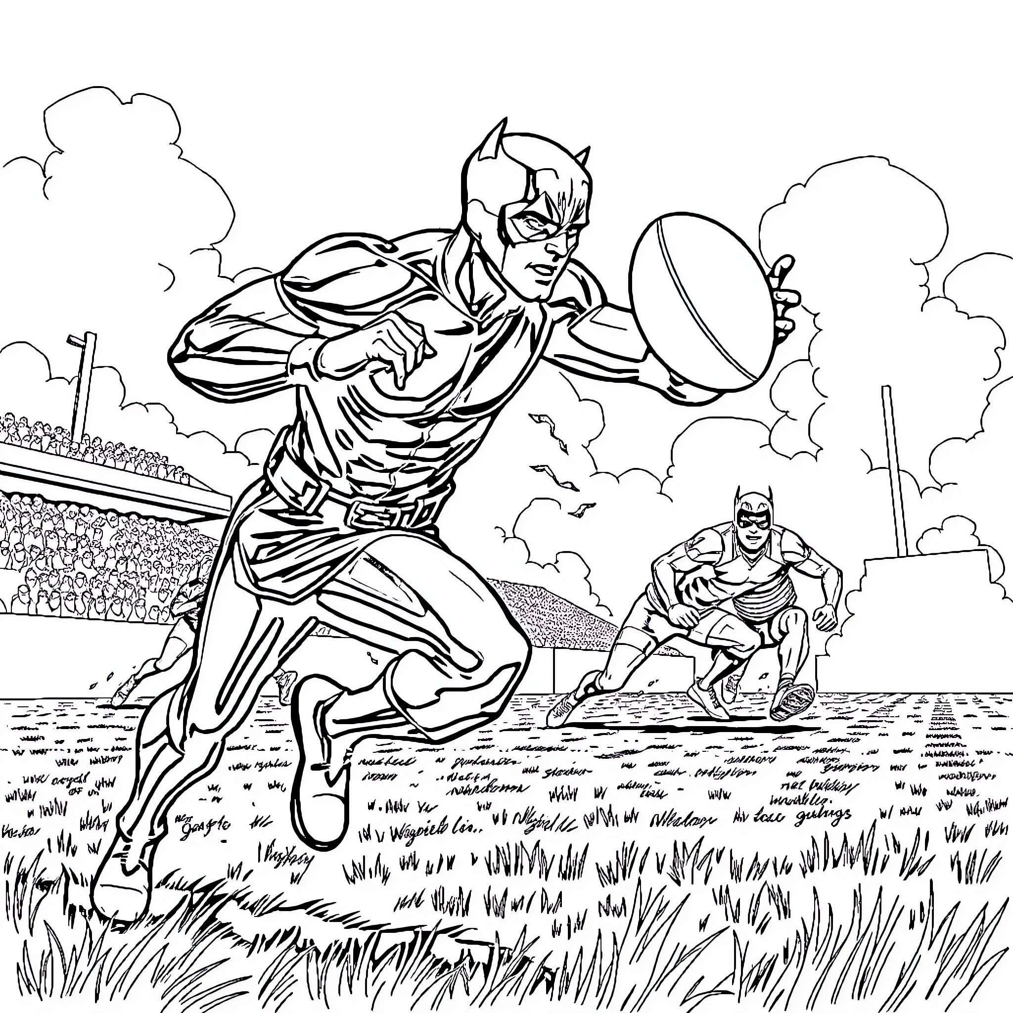 Daredevil superheroes in action-packed outdoor scene Coloring Page (free black-and-white line drawing printable PDF for all, from beginners to advanced learners, including children, teens, adults, and seniors)
