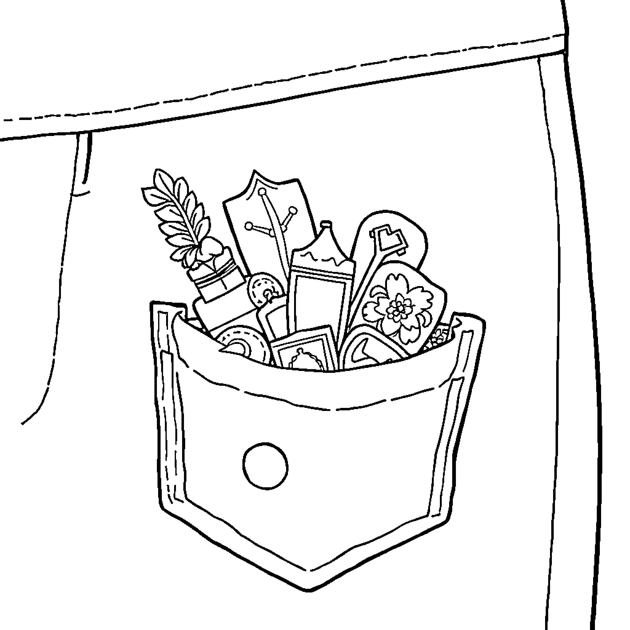 Pocket full of treasured items Coloring Page (free black-and-white line drawing printable PDF for all, from beginners to advanced learners, including children, teens, adults, and seniors)