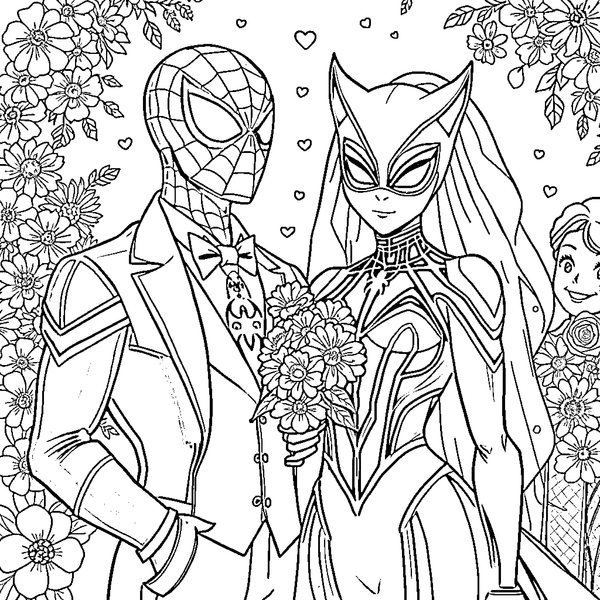 Spiderman and Black Panther in a floral setting Coloring Page (free black-and-white line drawing printable PDF for all, from beginners to advanced learners, including children, teens, adults, and seniors)