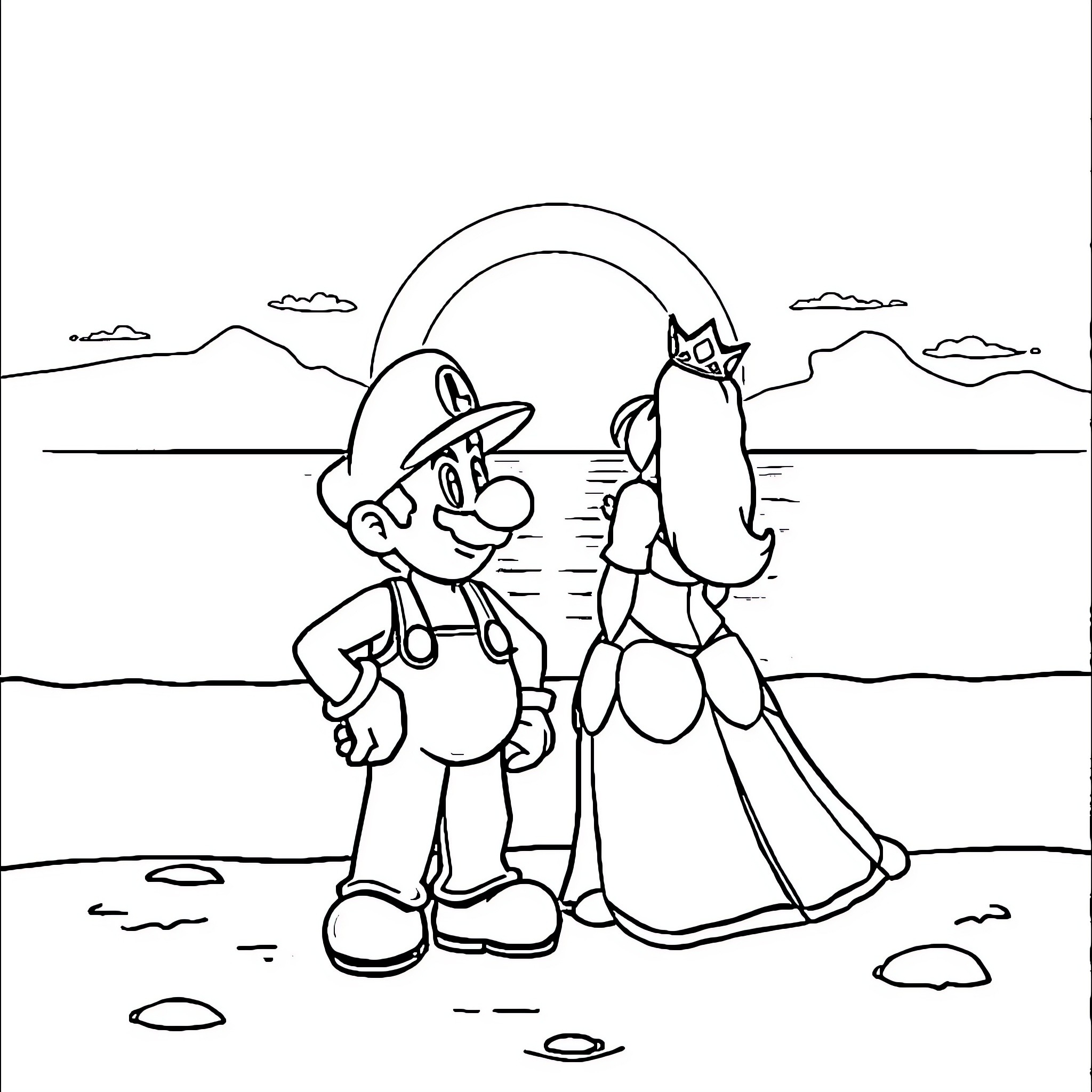 Mario and Princess Peach exploring an outdoor scene Coloring Page (free black-and-white line drawing printable PDF for all, from beginners to advanced learners, including children, teens, adults, and seniors)