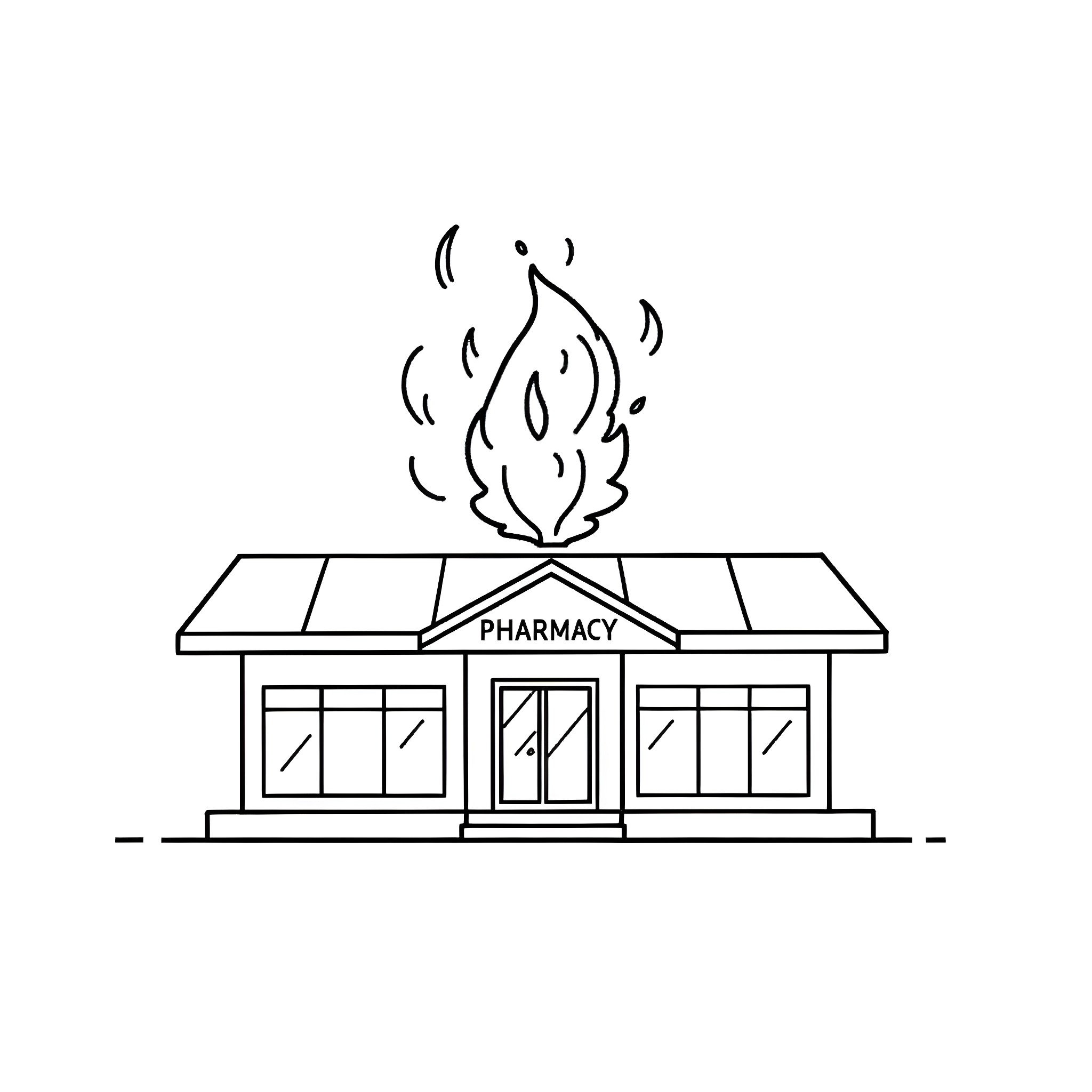 Pharmacy with Burning Sign Illustration Coloring Page (free black-and-white line drawing printable PDF for all, from beginners to advanced learners, including children, teens, adults, and seniors)