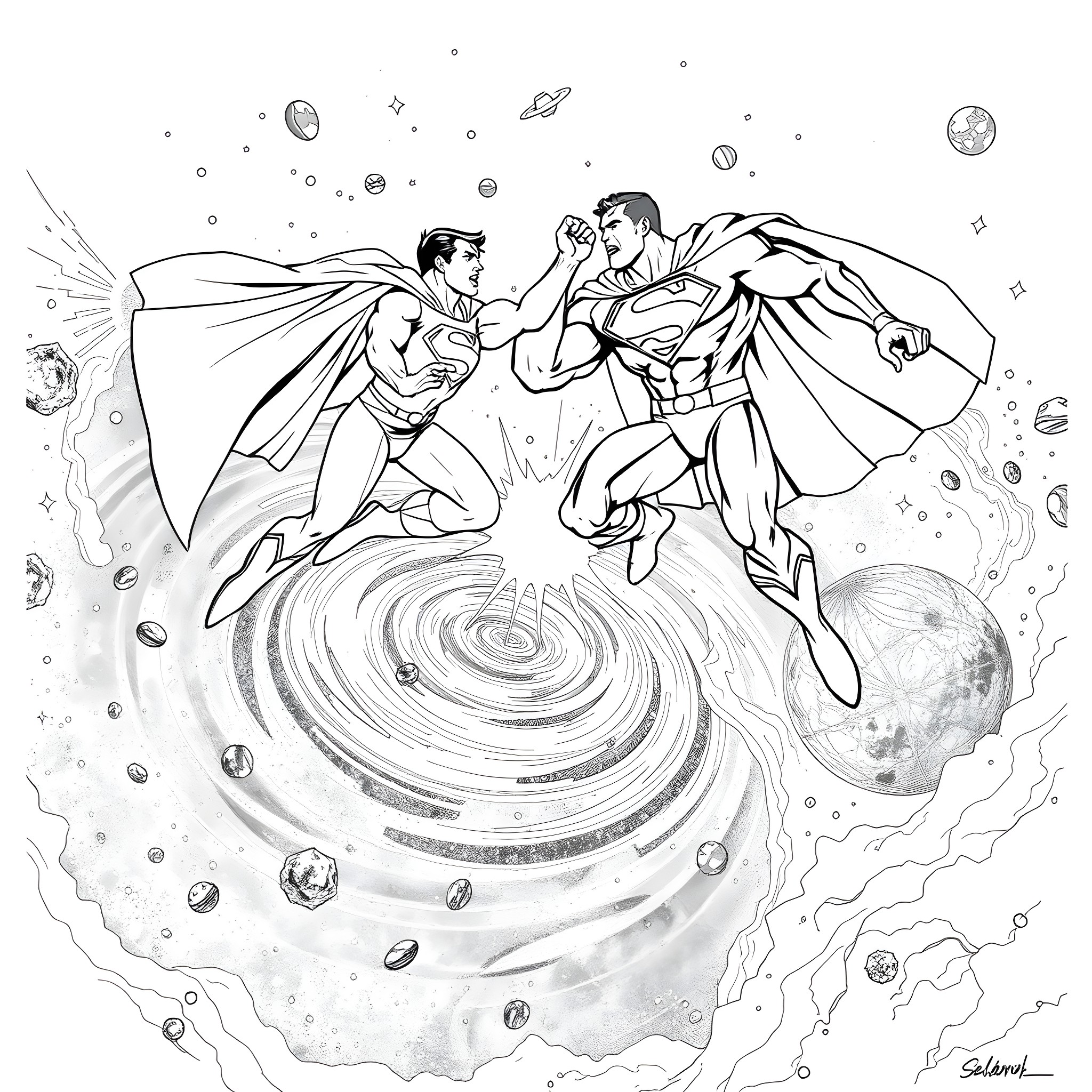 Superman grappling with another superhero in space Coloring Page (free black-and-white line drawing printable PDF for all, from beginners to advanced learners, including children, teens, adults, and seniors)