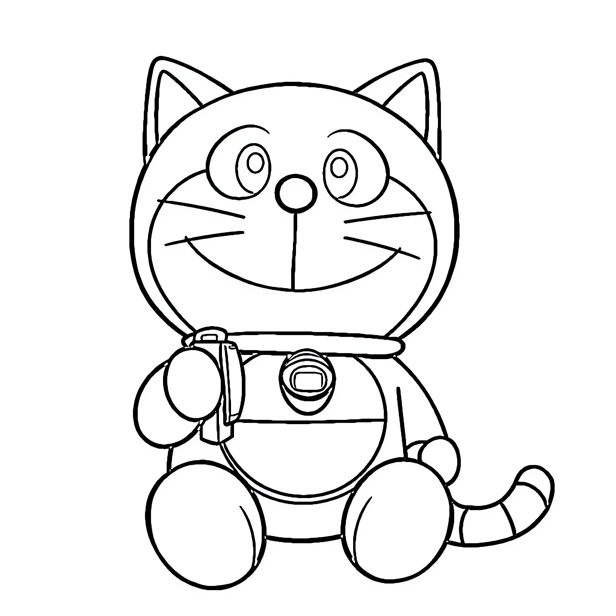 Doraemon the Robotic Cat with Gadgets Coloring Page (free black-and-white line drawing printable PDF for all, from beginners to advanced learners, including children, teens, adults, and seniors)