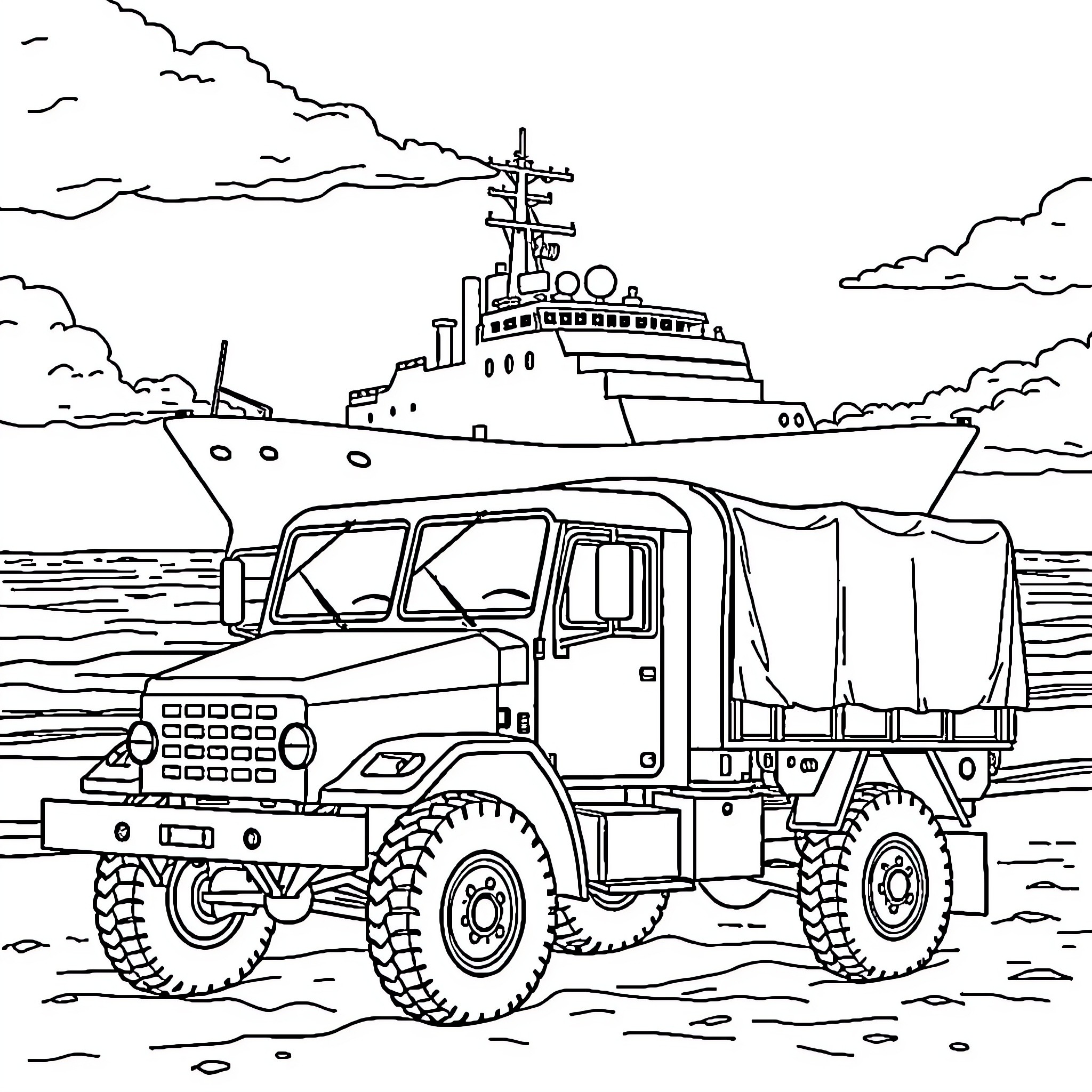 Truck transporting cargo near a large ship Coloring Page (free black-and-white line drawing printable PDF for all, from beginners to advanced learners, including children, teens, adults, and seniors)