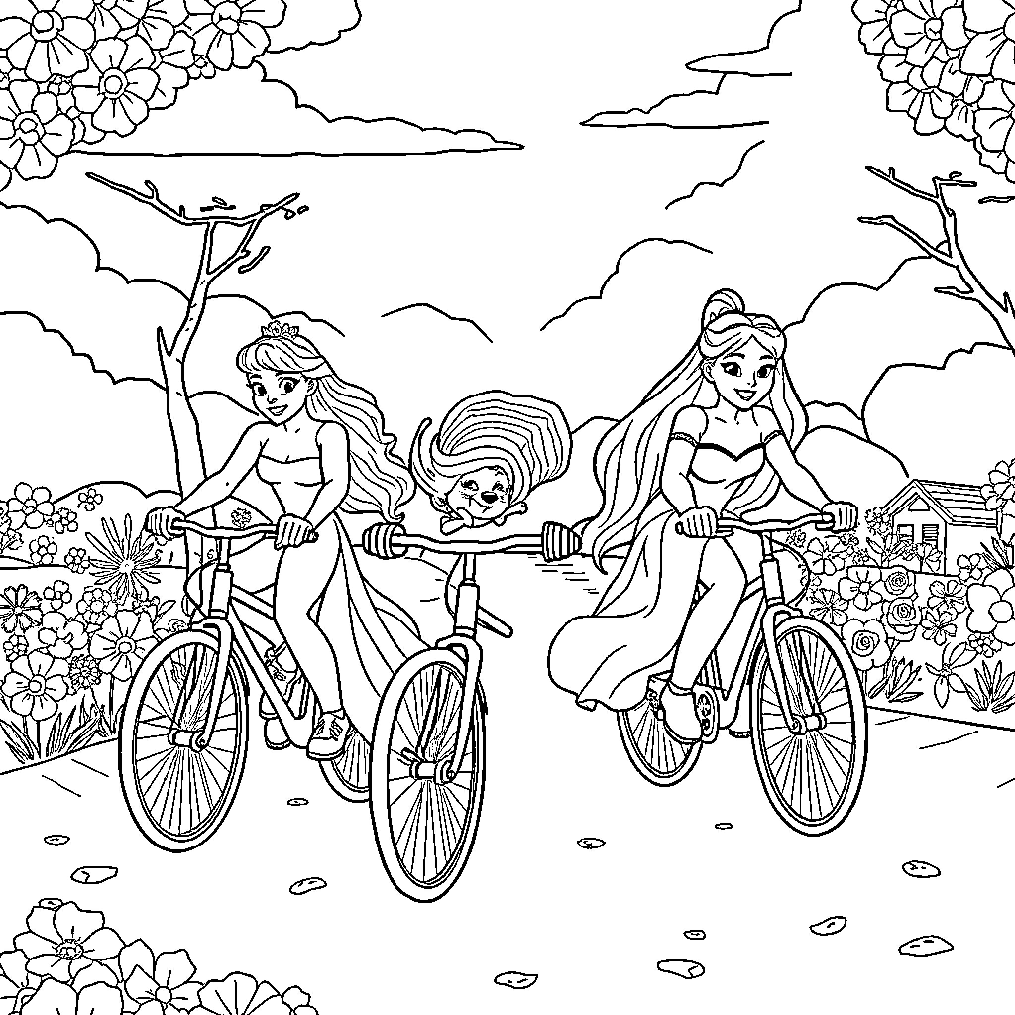 Disney Princesses Enjoying a Bike Ride in Nature Coloring Page (free black-and-white line drawing printable PDF for all, from beginners to advanced learners, including children, teens, adults, and seniors)