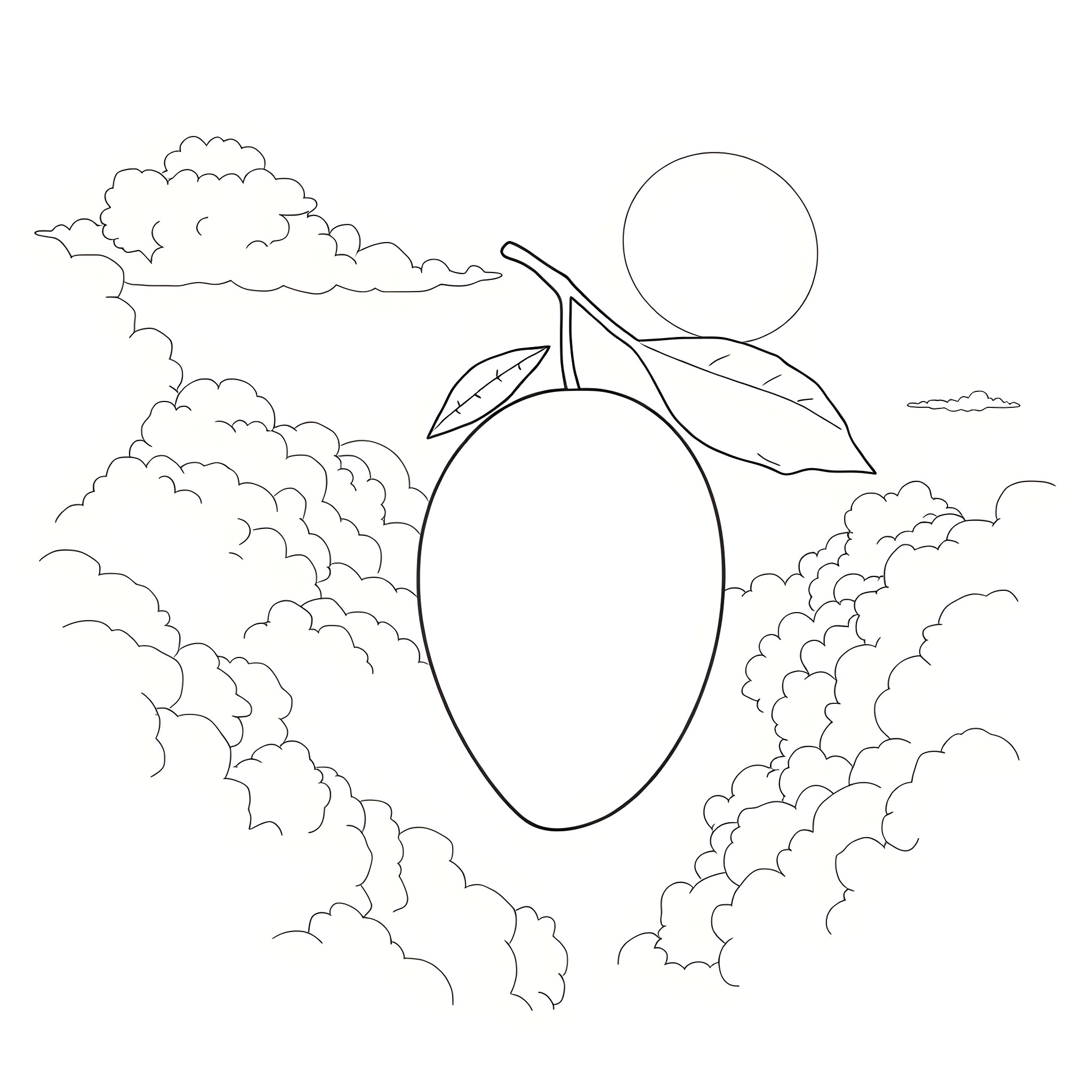 Mango floating in the sky Coloring Page (free black-and-white line drawing printable PDF for all, from beginners to advanced learners, including children, teens, adults, and seniors)