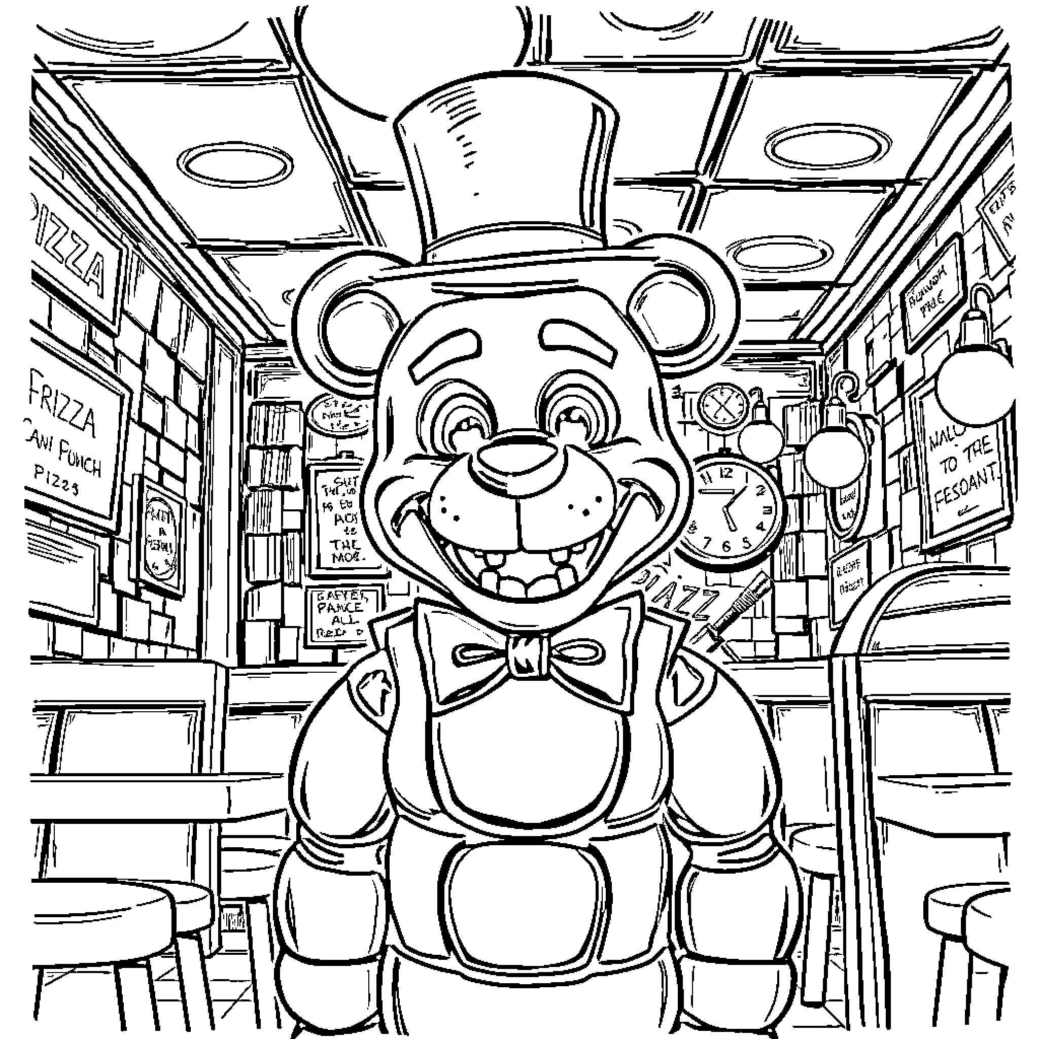 Freddy Fazbear grinning in a cartoon-style restaurant setting Coloring Page (free black-and-white line drawing printable PDF for all, from beginners to advanced learners, including children, teens, adults, and seniors)