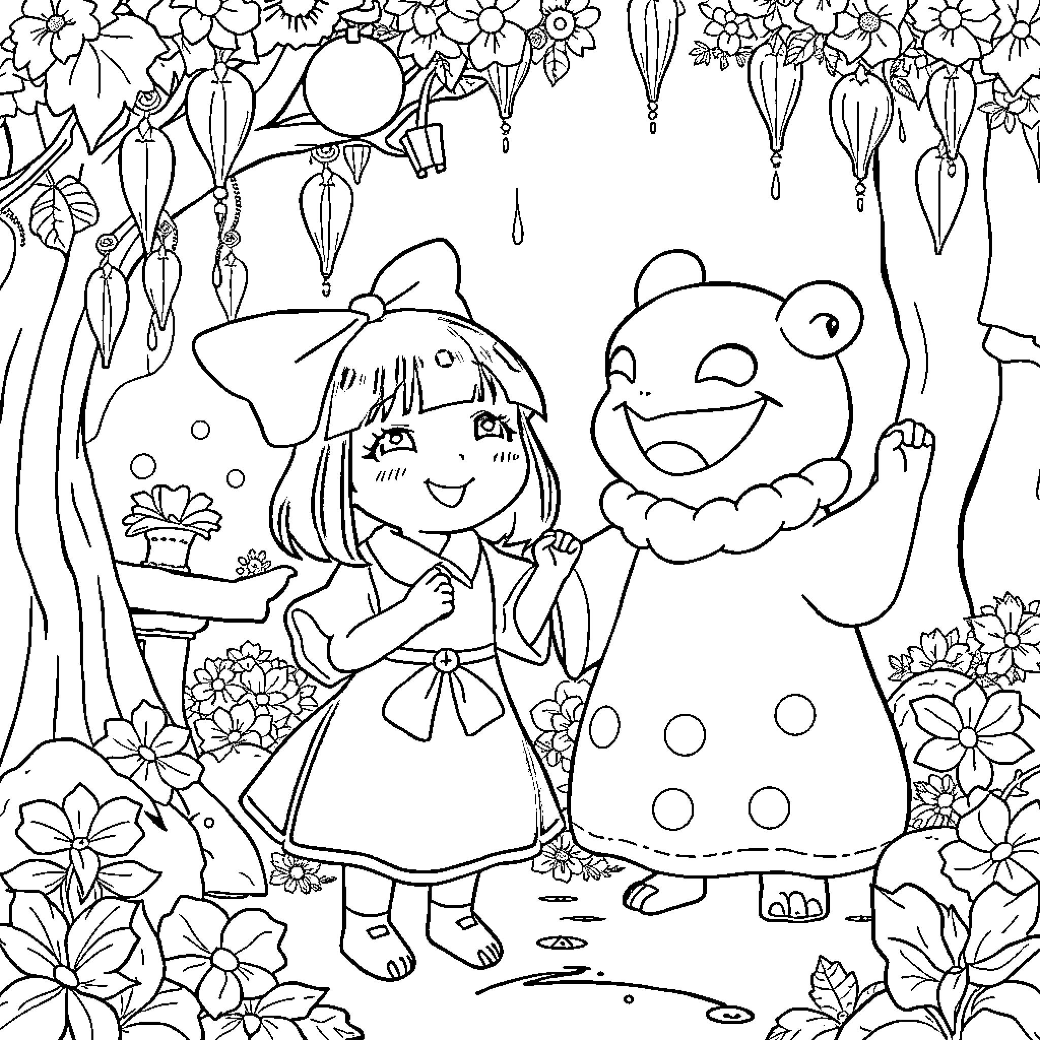 Chihiro and Radish Spirit explore the enchanted forest Coloring Page (free black-and-white line drawing printable PDF for all, from beginners to advanced learners, including children, teens, adults, and seniors)
