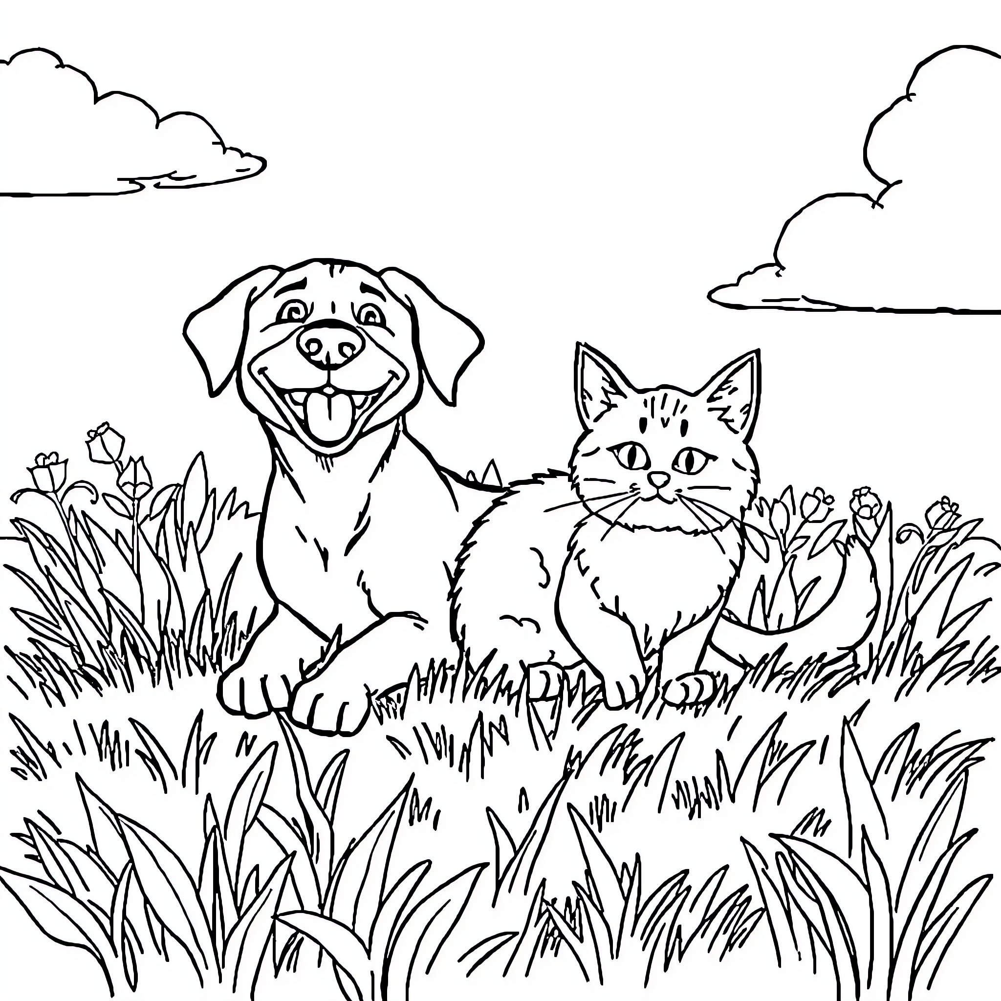 Dog and cat enjoying nature in the park Coloring Page (free black-and-white line drawing printable PDF for all, from beginners to advanced learners, including children, teens, adults, and seniors)