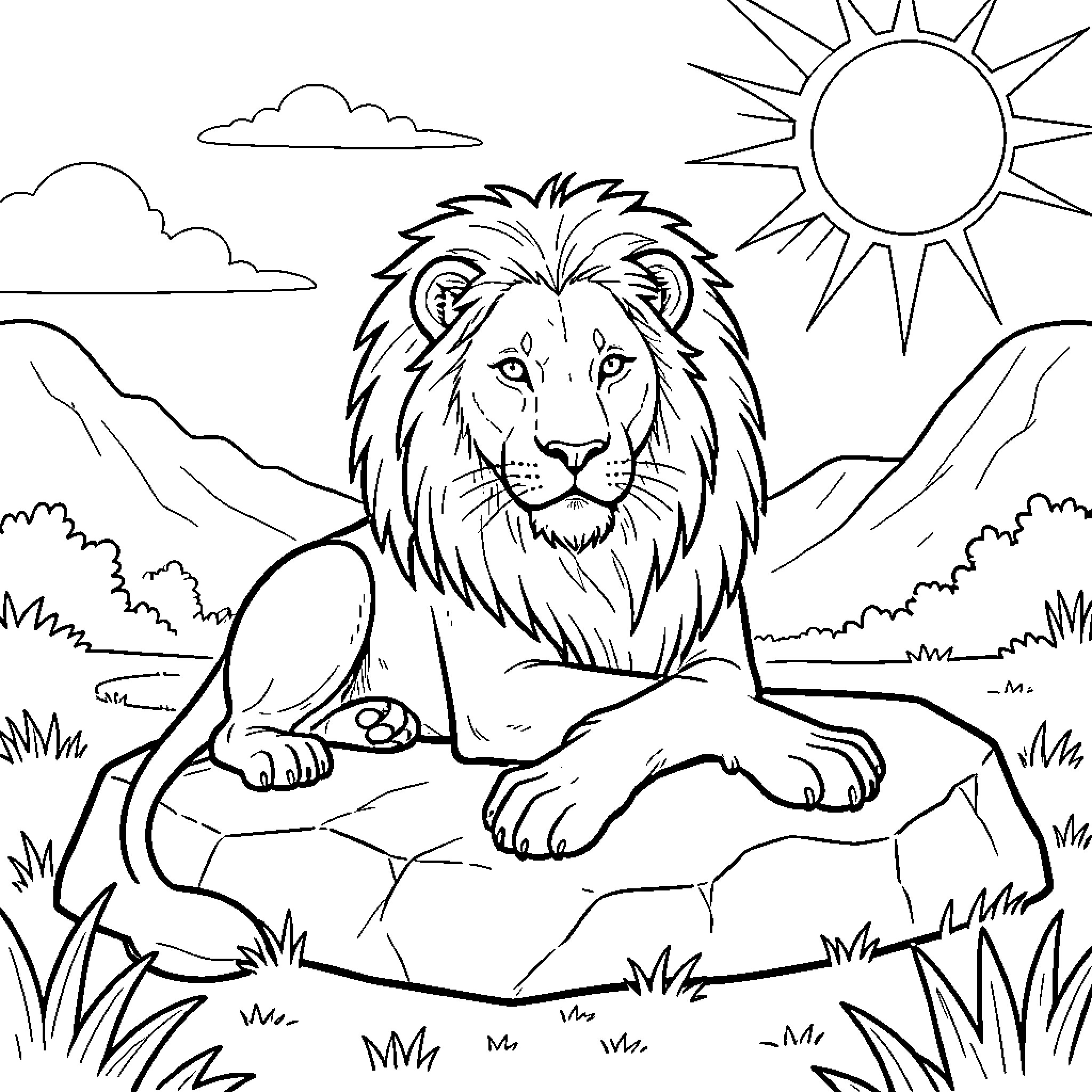 Lion resting calmly on a rock under the sun Coloring Page (free black-and-white line drawing printable PDF for all, from beginners to advanced learners, including children, teens, adults, and seniors)