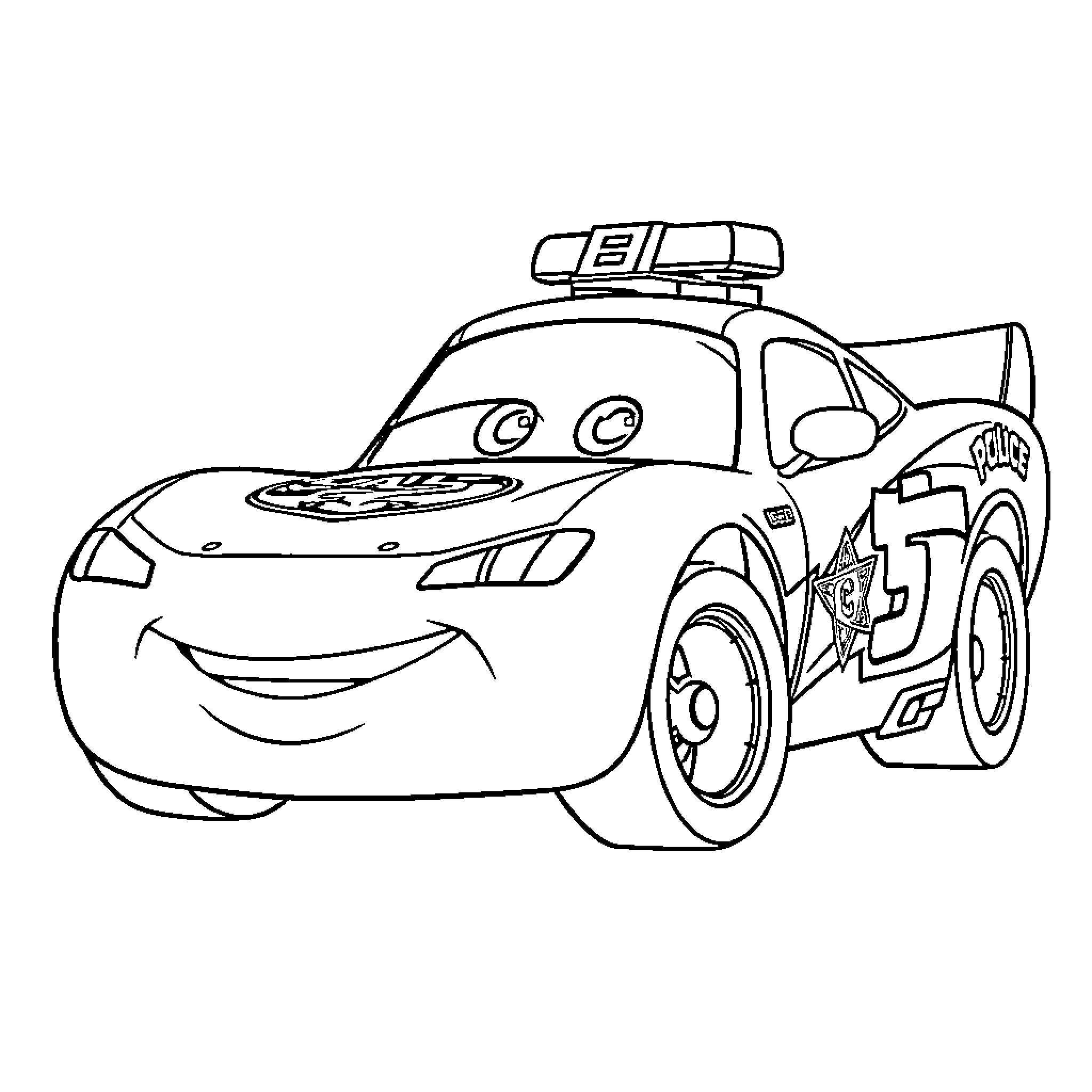 Lightning McQueen as a police car Coloring Page (free black-and-white line drawing printable PDF for all, from beginners to advanced learners, including children, teens, adults, and seniors)