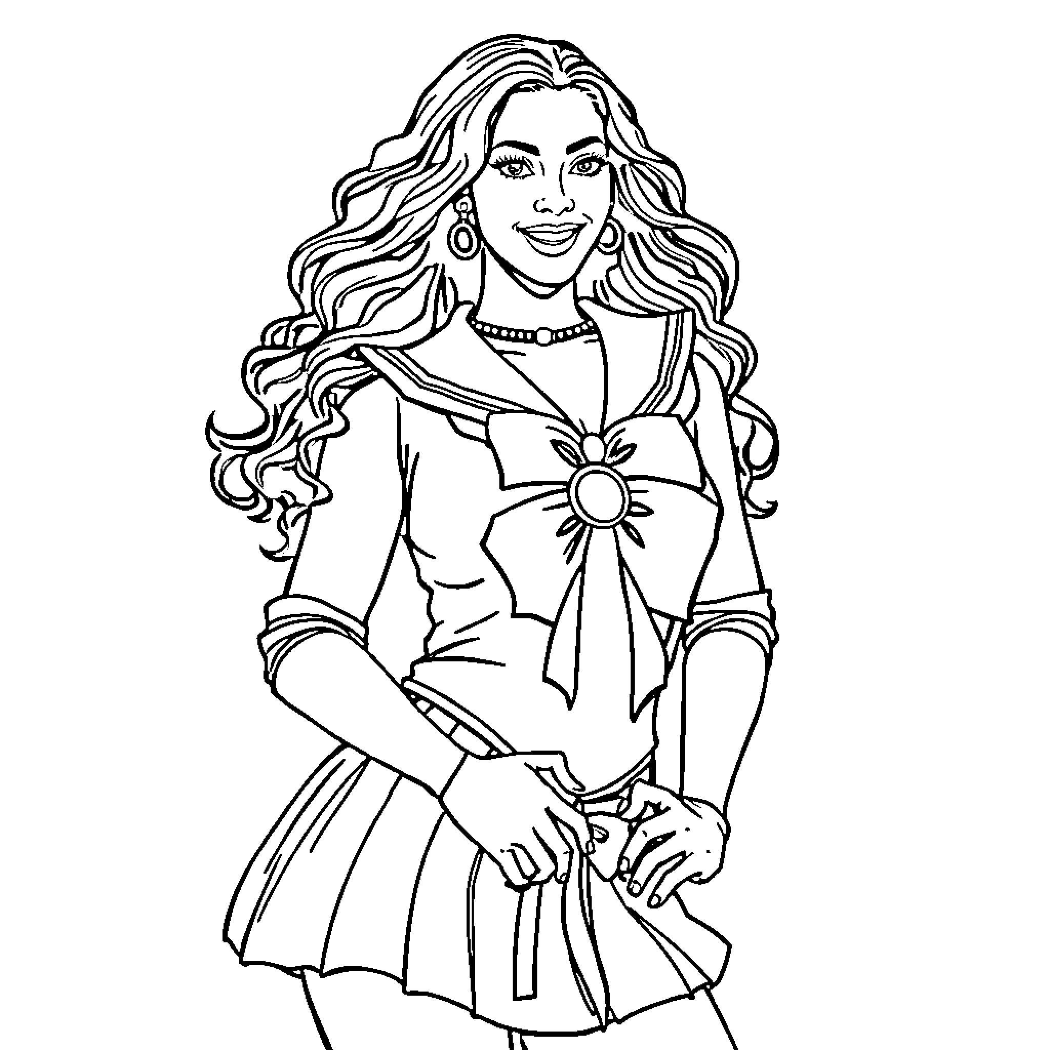Beyonce in elegant attire with sun motif Coloring Page (free black-and-white line drawing printable PDF for all, from beginners to advanced learners, including children, teens, adults, and seniors)