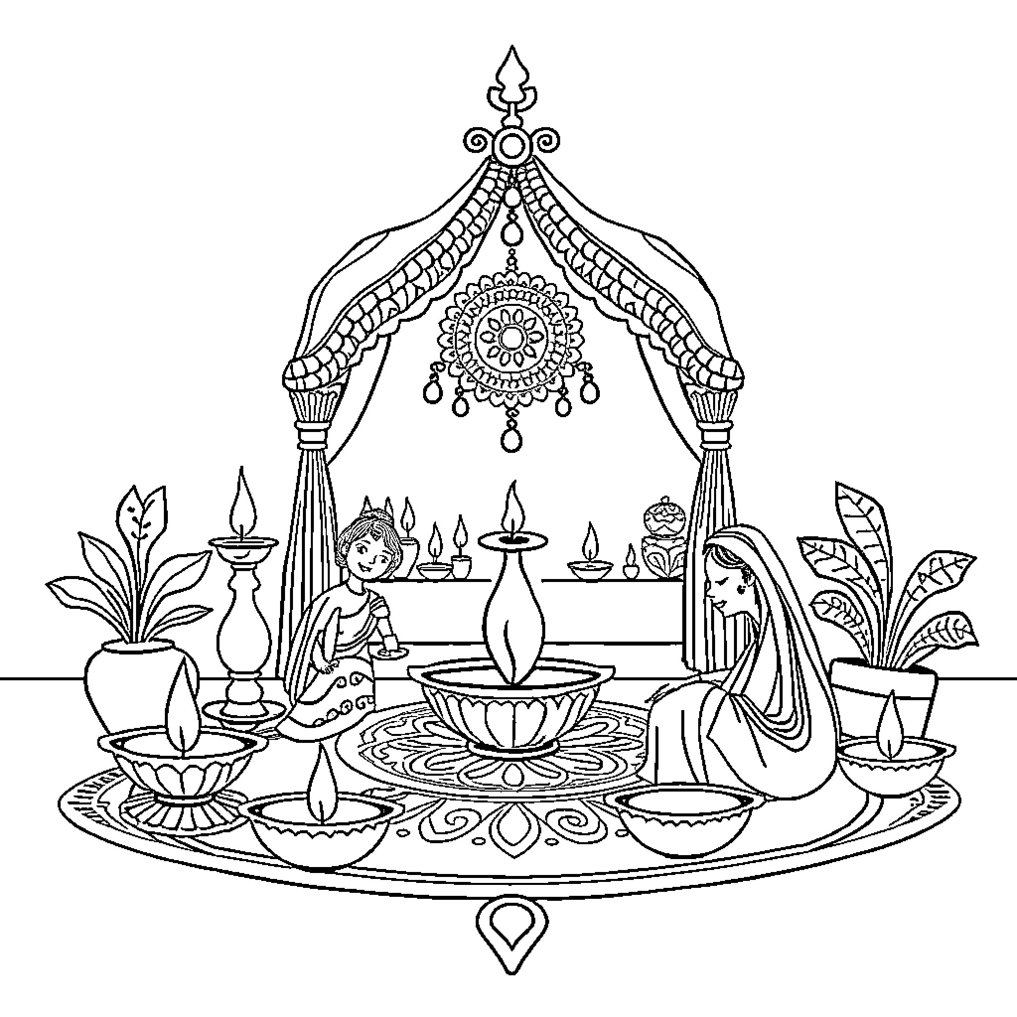 Diwali celebration with traditional decorations and figures Coloring Page (free black-and-white line drawing printable PDF for all, from beginners to advanced learners, including children, teens, adults, and seniors)