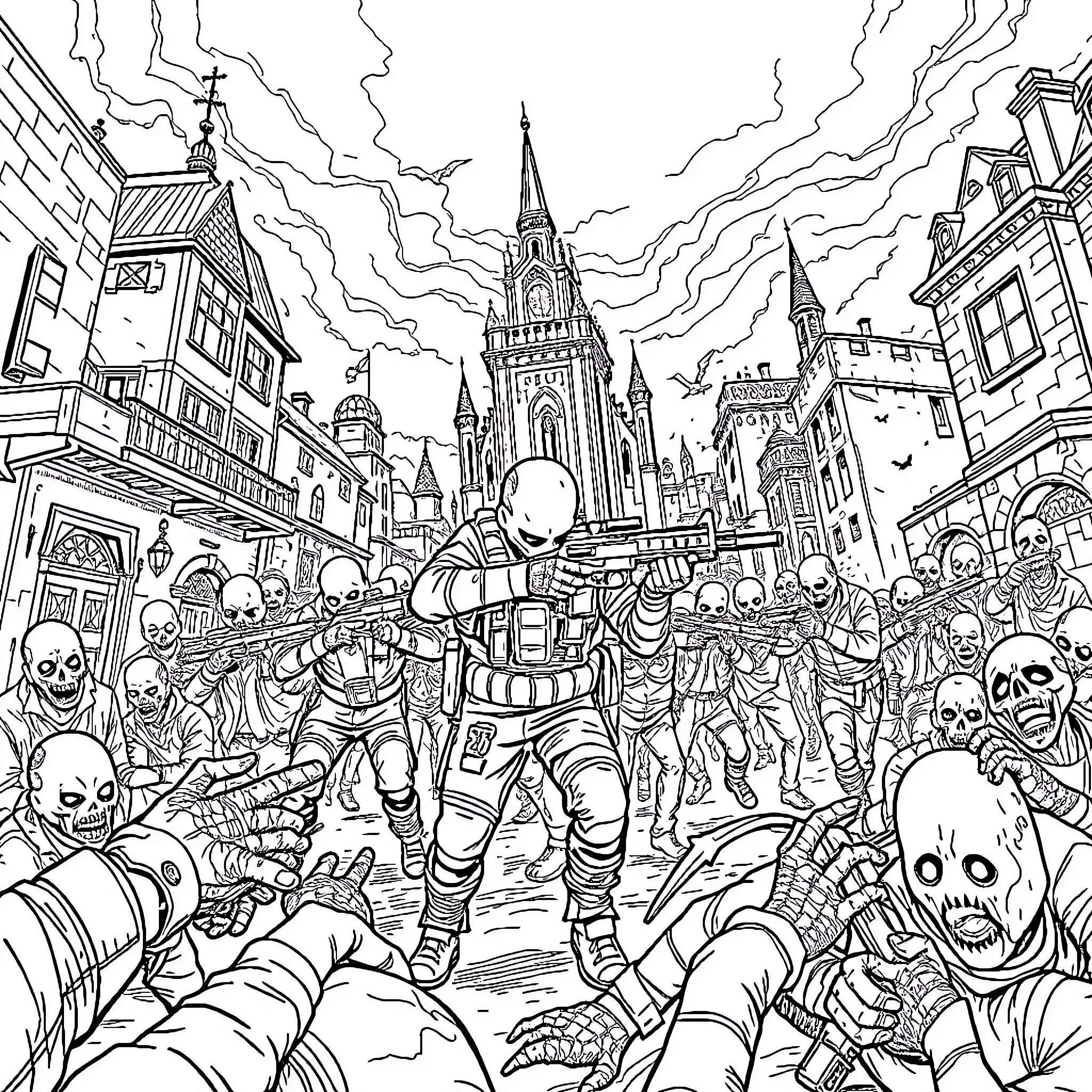 Zombie Invasion in the City Streets Coloring Page (free black-and-white line drawing printable PDF for all, from beginners to advanced learners, including children, teens, adults, and seniors)