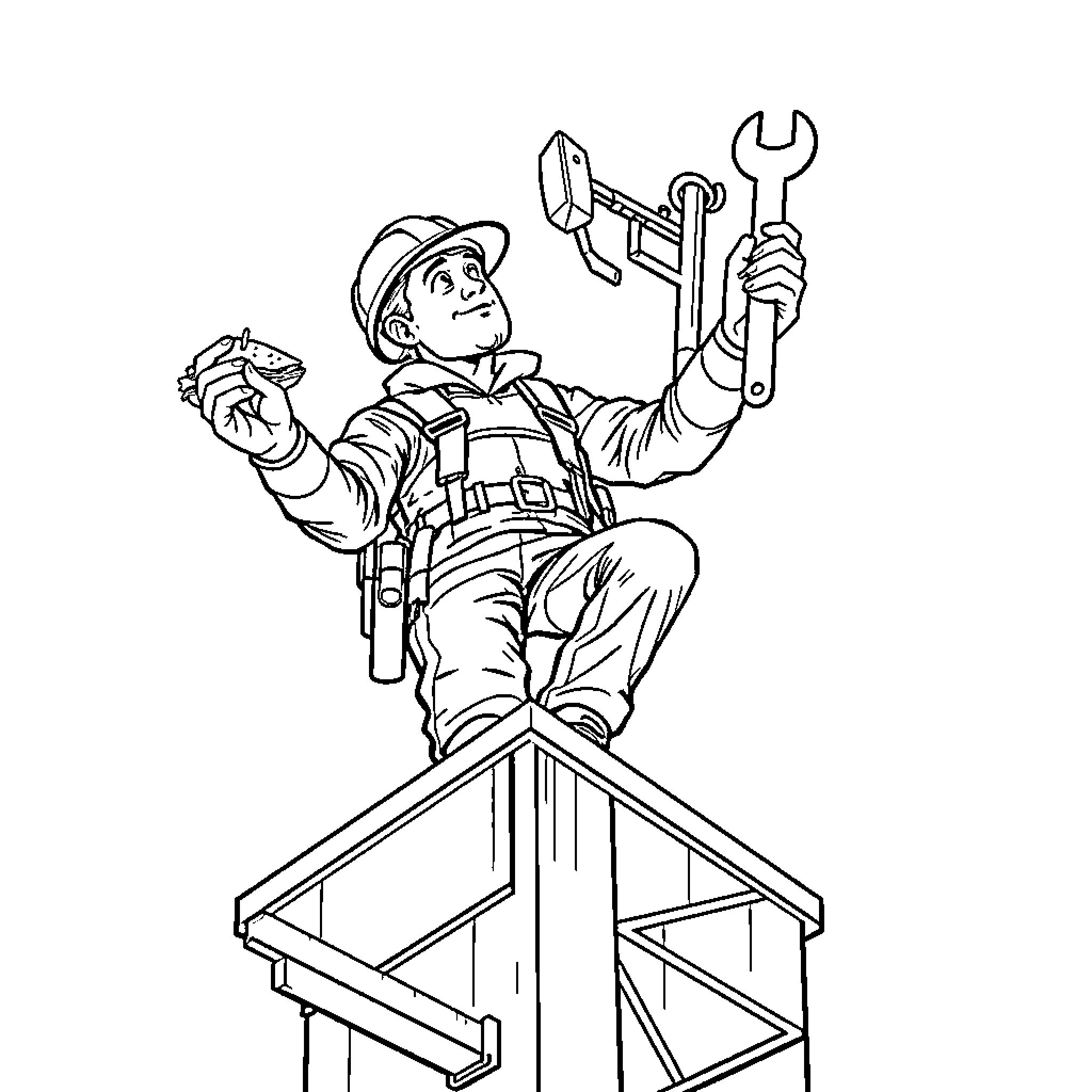Climber Repairing Equipment on Elevated Platform Coloring Page (free black-and-white line drawing printable PDF for all, from beginners to advanced learners, including children, teens, adults, and seniors)