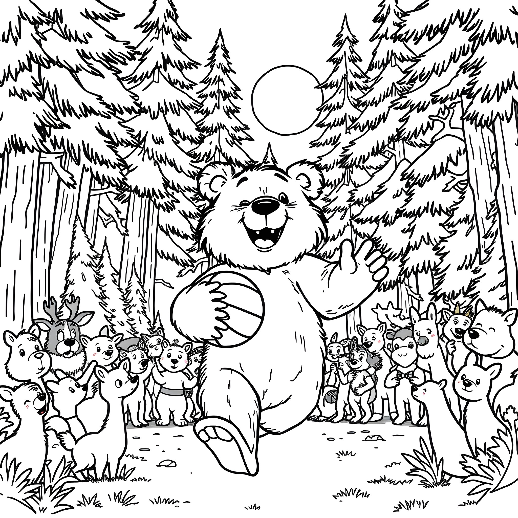 Bear celebrating with adorable animal friends in forest Coloring Page (free black-and-white line drawing printable PDF for all, from beginners to advanced learners, including children, teens, adults, and seniors)