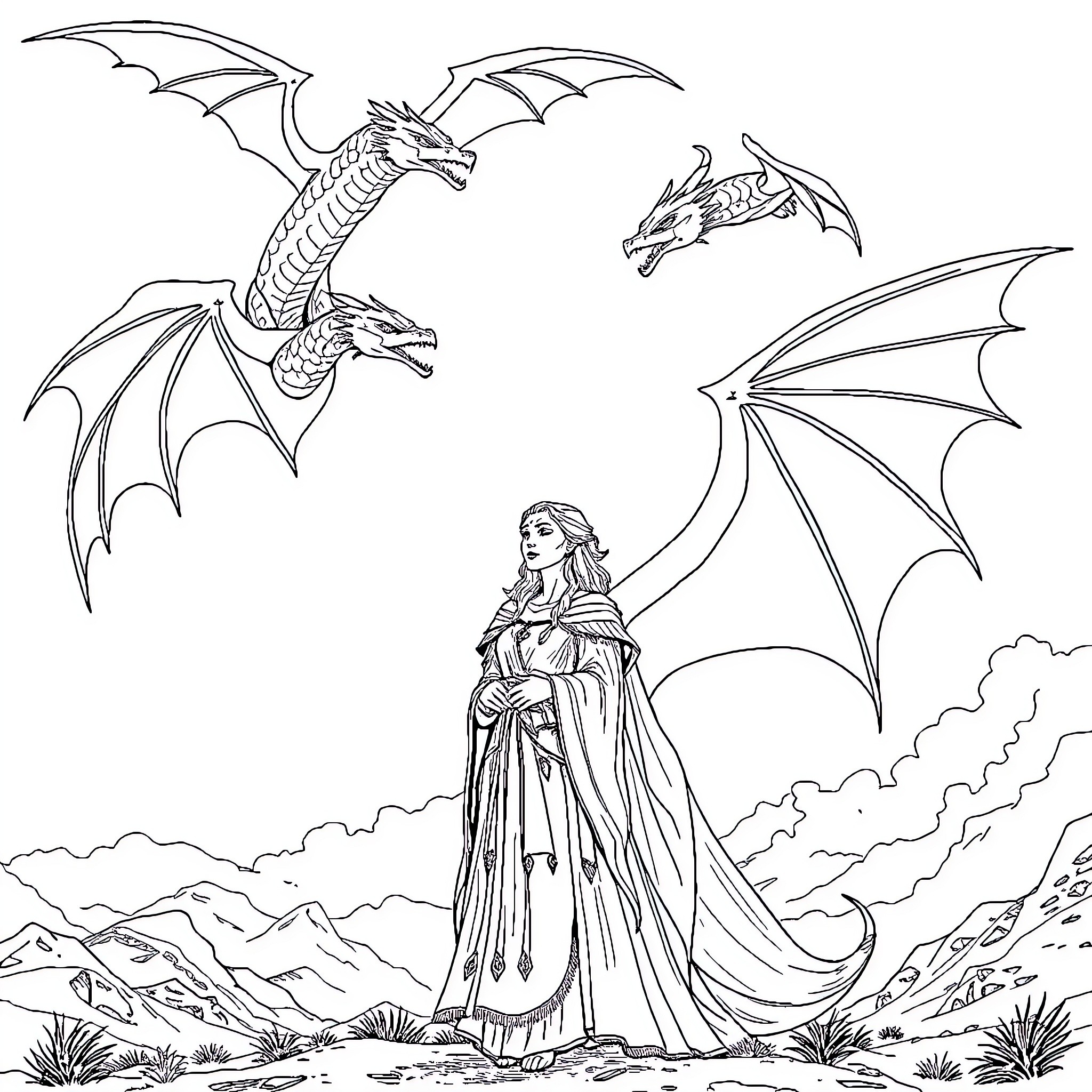 Daenerys with her loyal dragons in the mountains Coloring Page (free black-and-white line drawing printable PDF for all, from beginners to advanced learners, including children, teens, adults, and seniors)