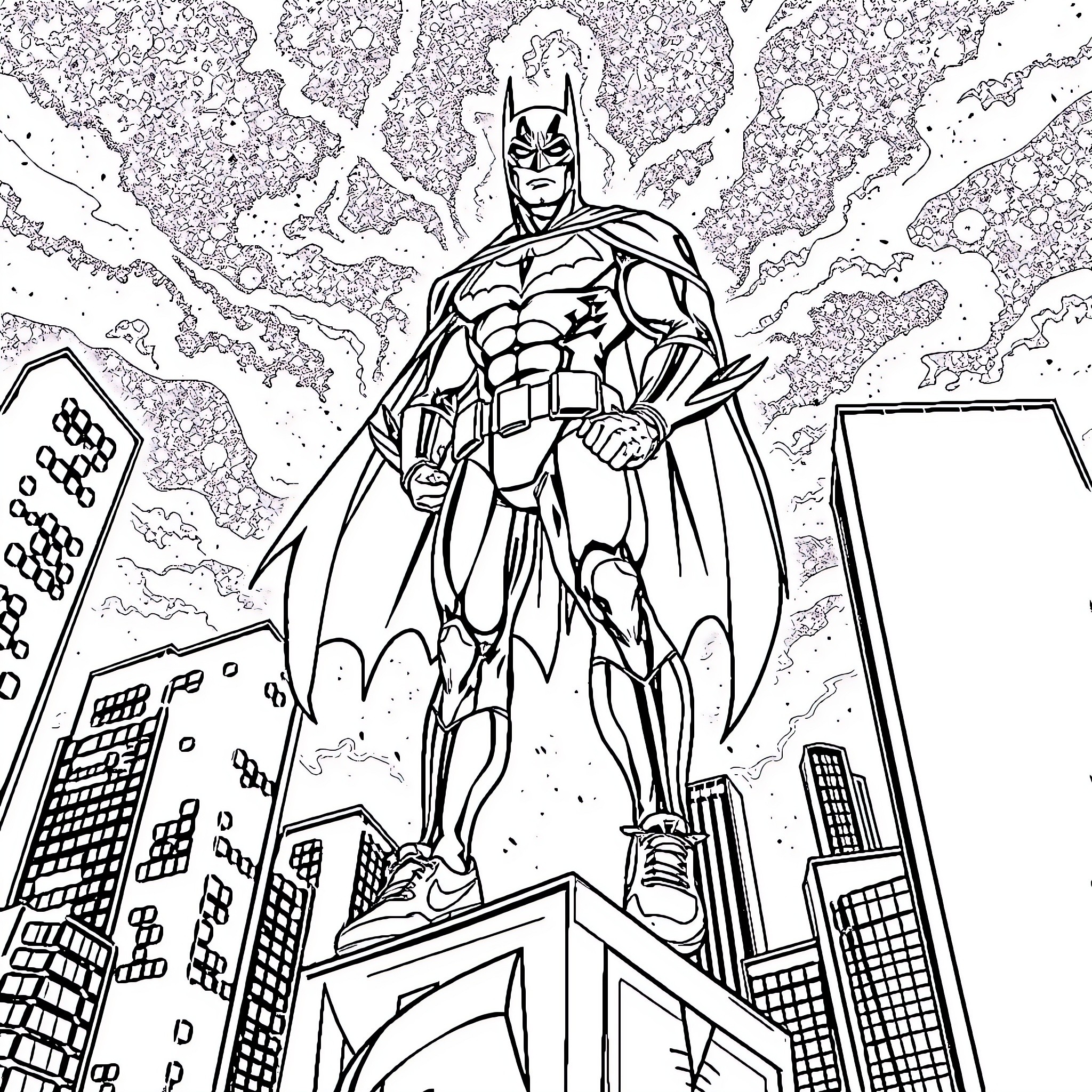 Batman standing heroically over the city skyline Coloring Page (free black-and-white line drawing printable PDF for all, from beginners to advanced learners, including children, teens, adults, and seniors)