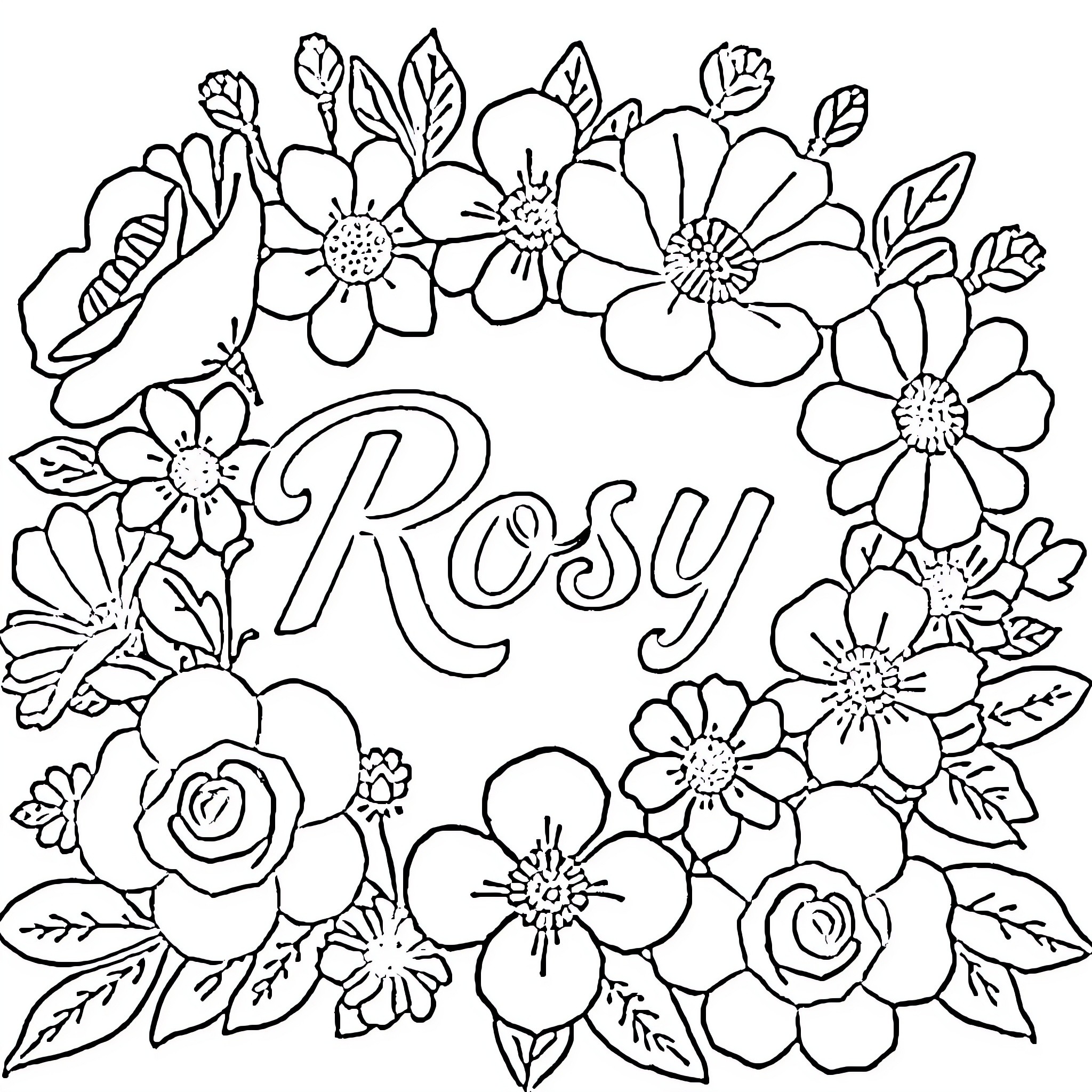 Logo with Floral Wreath and Name Coloring Page (free black-and-white line drawing printable PDF for all, from beginners to advanced learners, including children, teens, adults, and seniors)