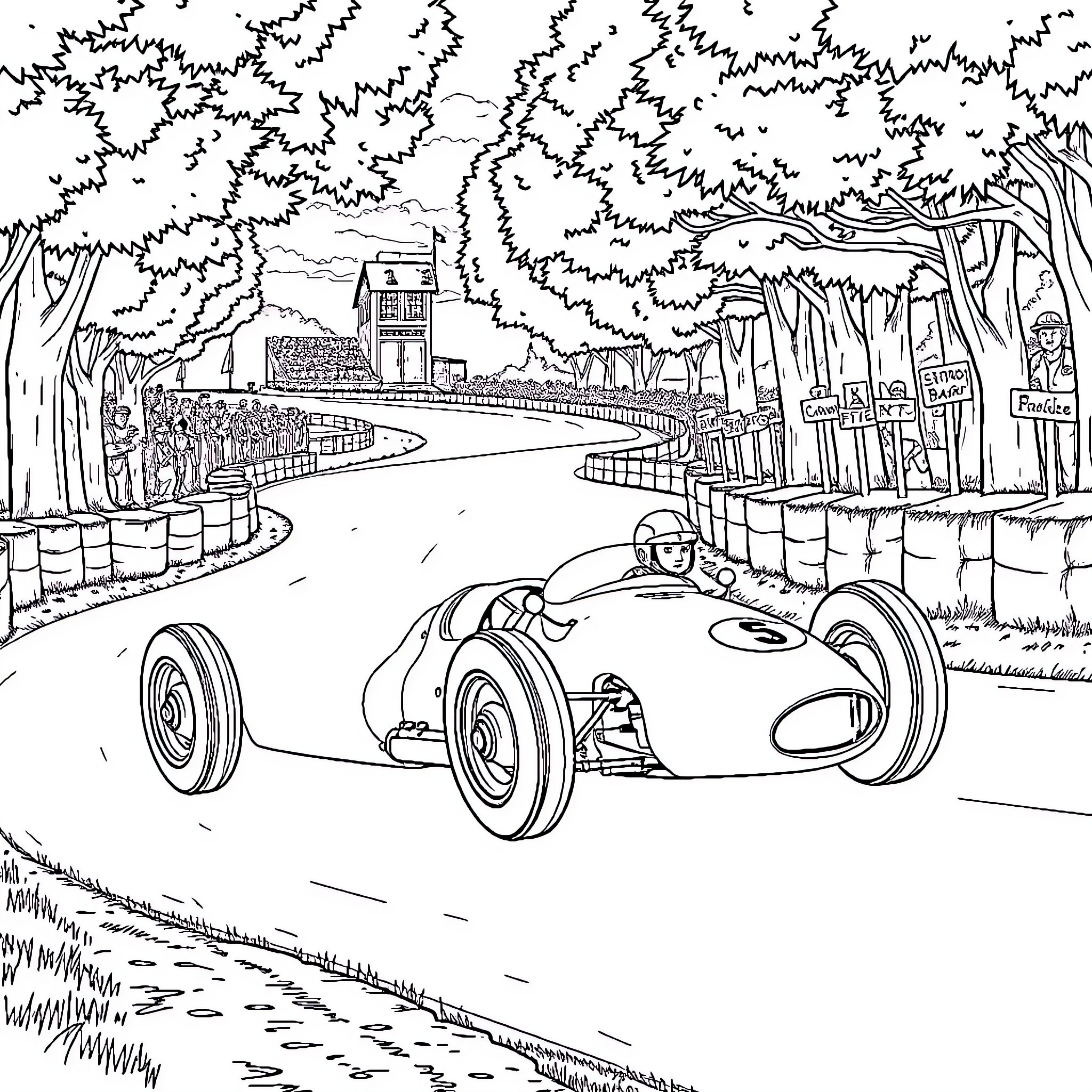 Formula 1 Race in the Forested Countryside Coloring Page (free black-and-white line drawing printable PDF for all, from beginners to advanced learners, including children, teens, adults, and seniors)