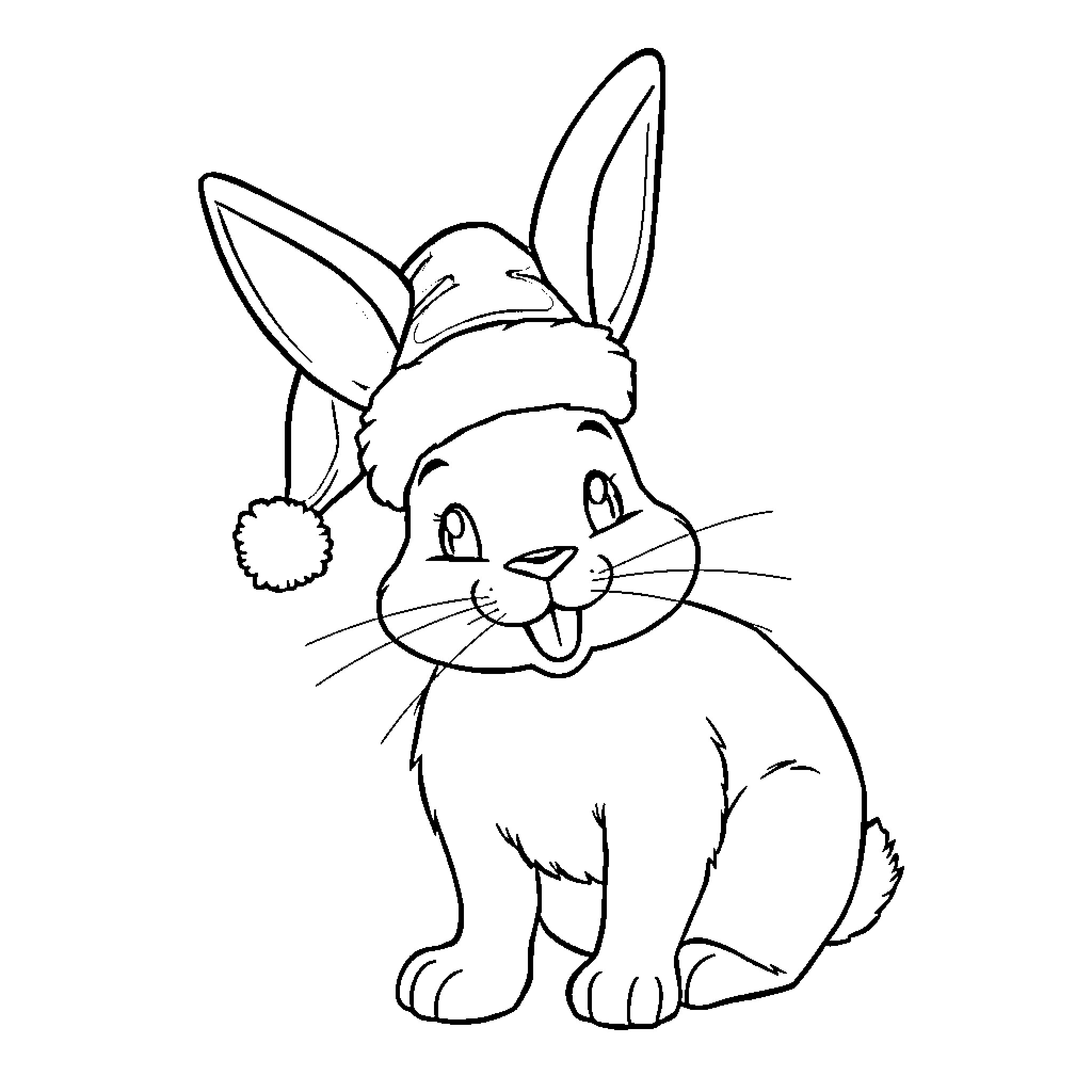 Rabbit wearing a festive hat Coloring Page (free black-and-white line drawing printable PDF for all, from beginners to advanced learners, including children, teens, adults, and seniors)